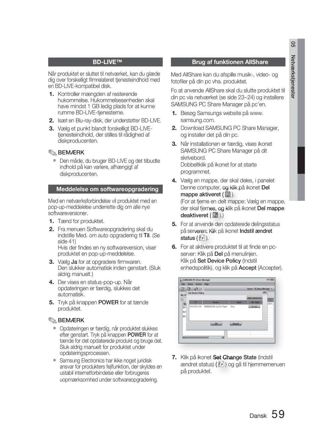 Samsung HT-C5800/XEE manual Meddelelse om softwareopgradering, Brug af funktionen AllShare 