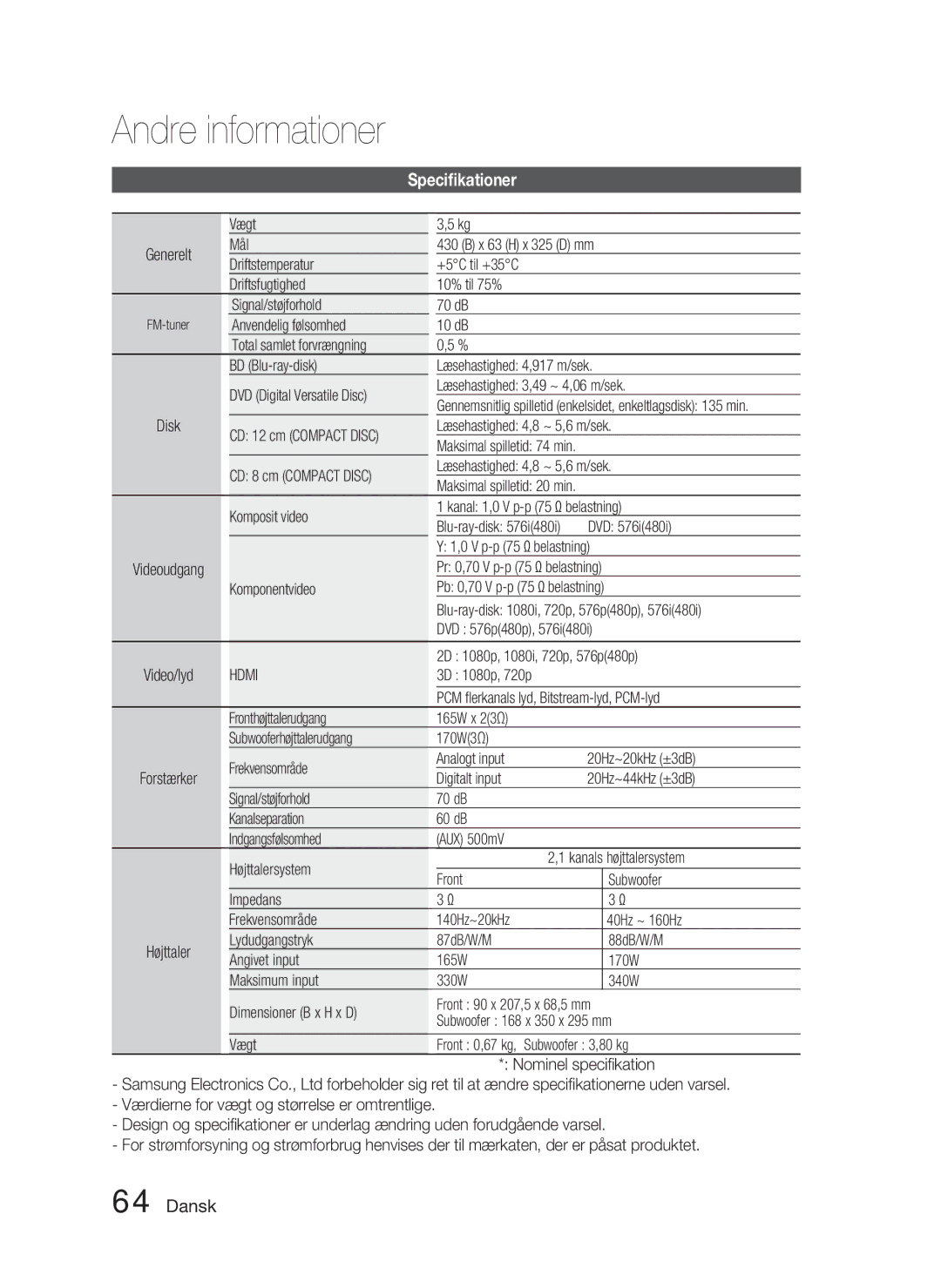 Samsung HT-C5800/XEE manual Speciﬁkationer 