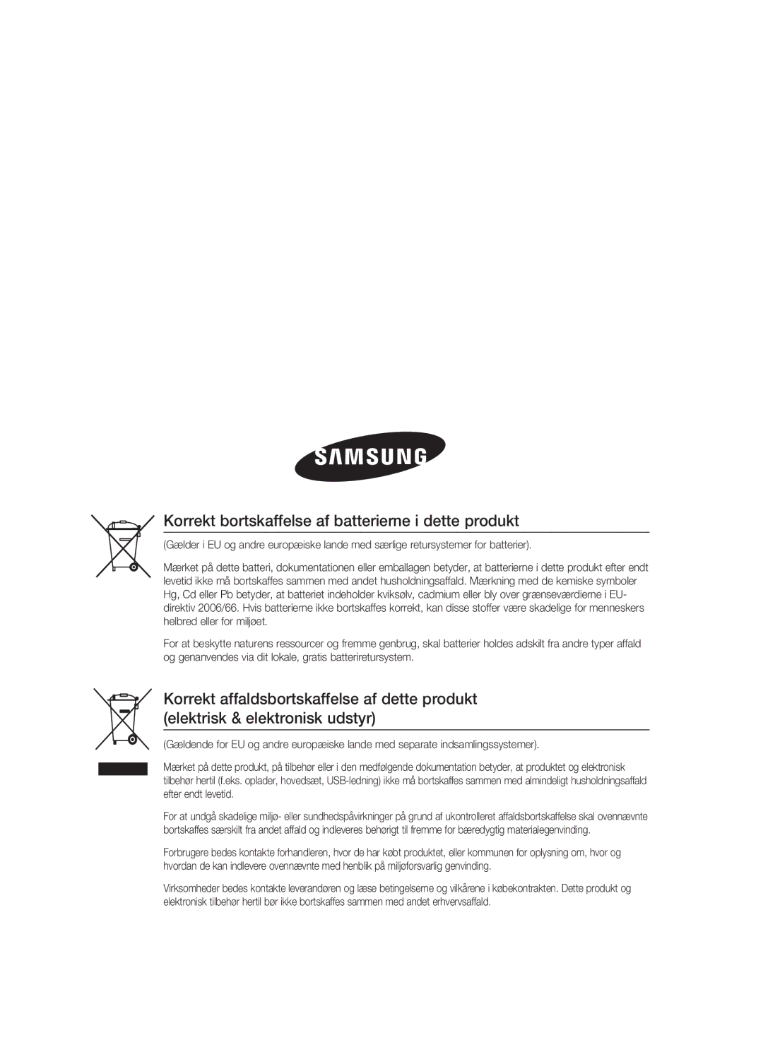 Samsung HT-C5800/XEE manual Korrekt bortskaffelse af batterierne i dette produkt 