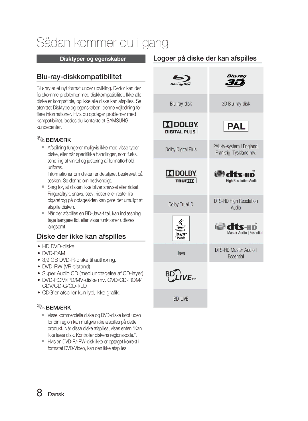 Samsung HT-C5800/XEE manual Blu-ray-diskkompatibilitet, Diske der ikke kan afspilles, Logoer på diske der kan afspilles 