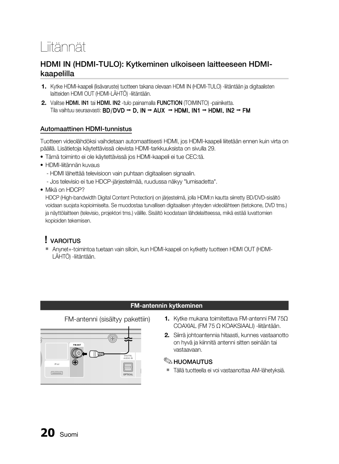 Samsung HT-C5800/XEE manual Automaattinen HDMI-tunnistus, FM-antennin kytkeminen, HDMI. IN2 FM 