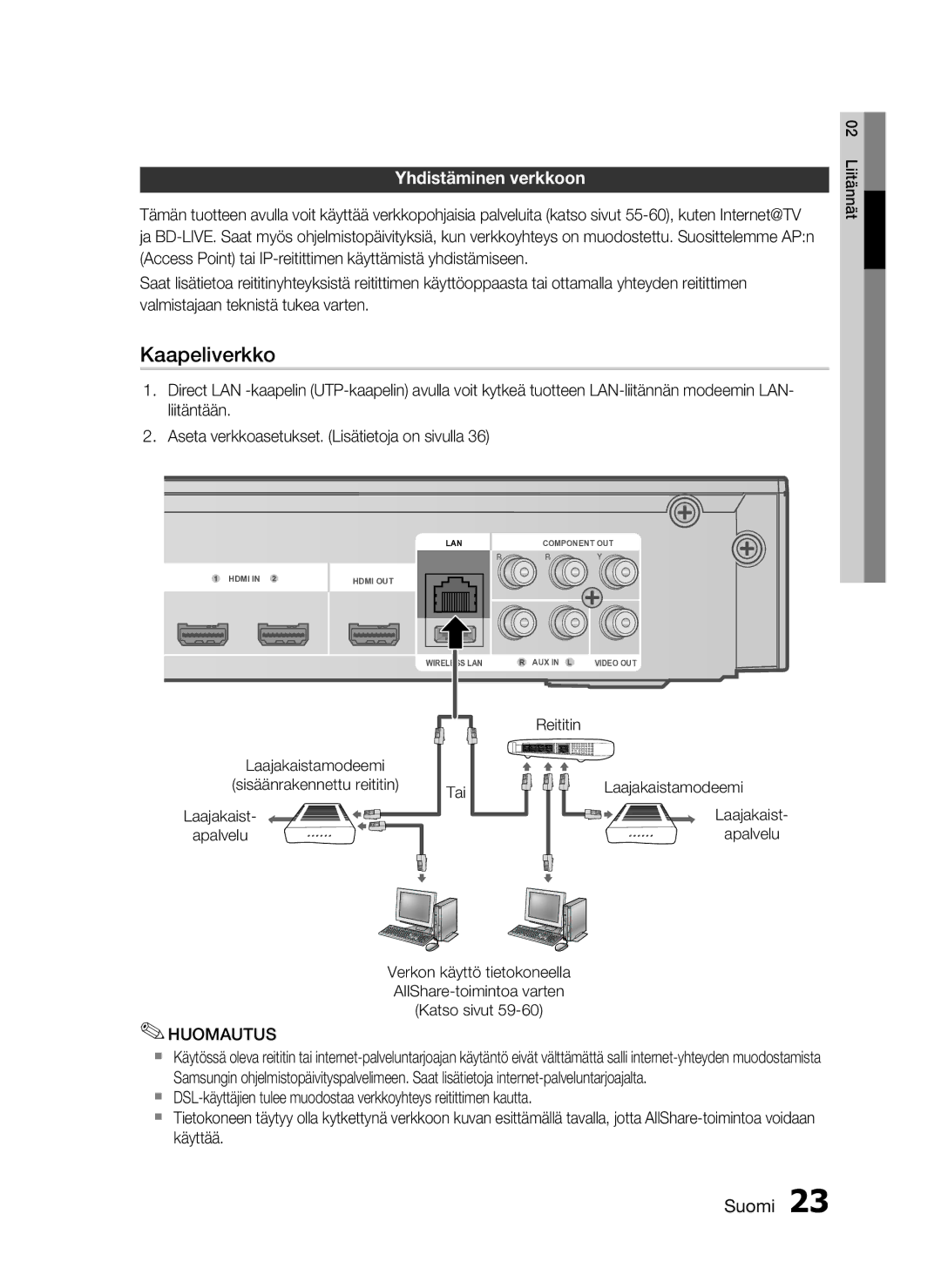 Samsung HT-C5800/XEE manual Yhdistäminen verkkoon, Laajakaistamodeemi Sisäänrakennettu reititin Apalvelu Tai 