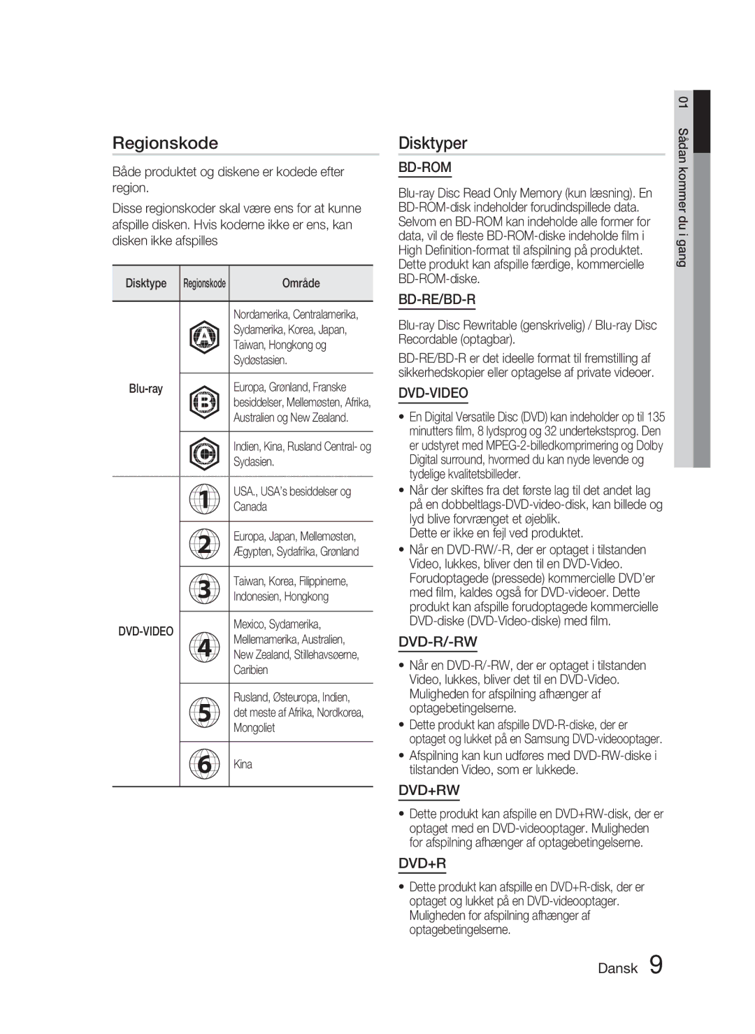 Samsung HT-C5800/XEE manual Regionskode, Disktyper 