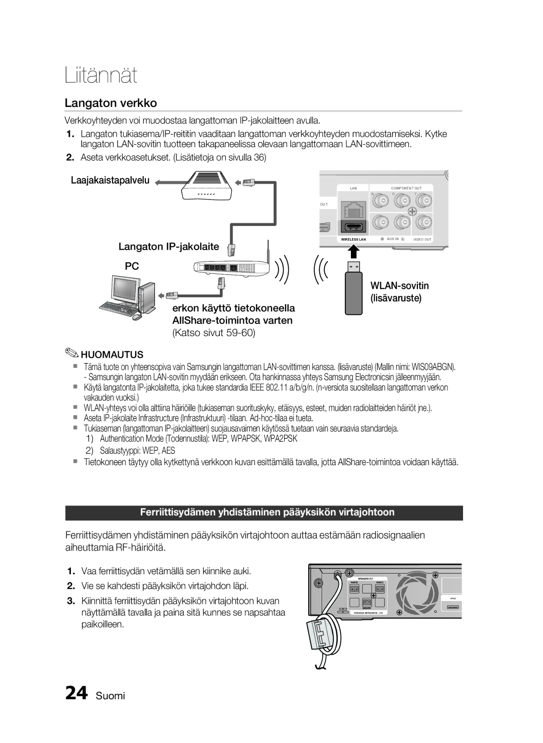 Samsung HT-C5800/XEE manual Laajakaistapalvelu Langaton IP-jakolaite, WLAN-sovitin lisävaruste, Paikoilleen 