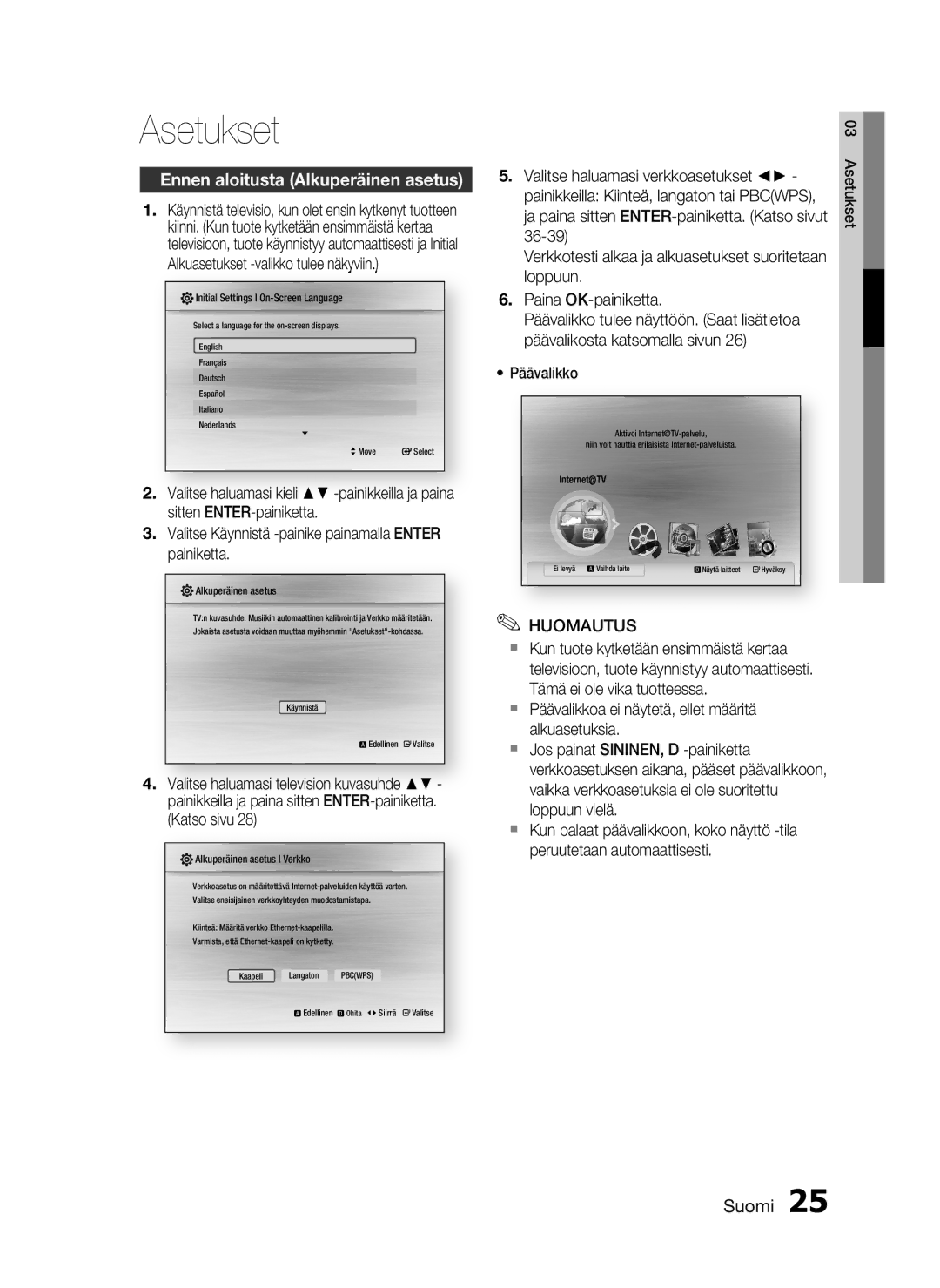 Samsung HT-C5800/XEE manual Asetukset, Ennen aloitusta Alkuperäinen asetus, Ja paina sitten ENTER-painiketta. Katso sivut 