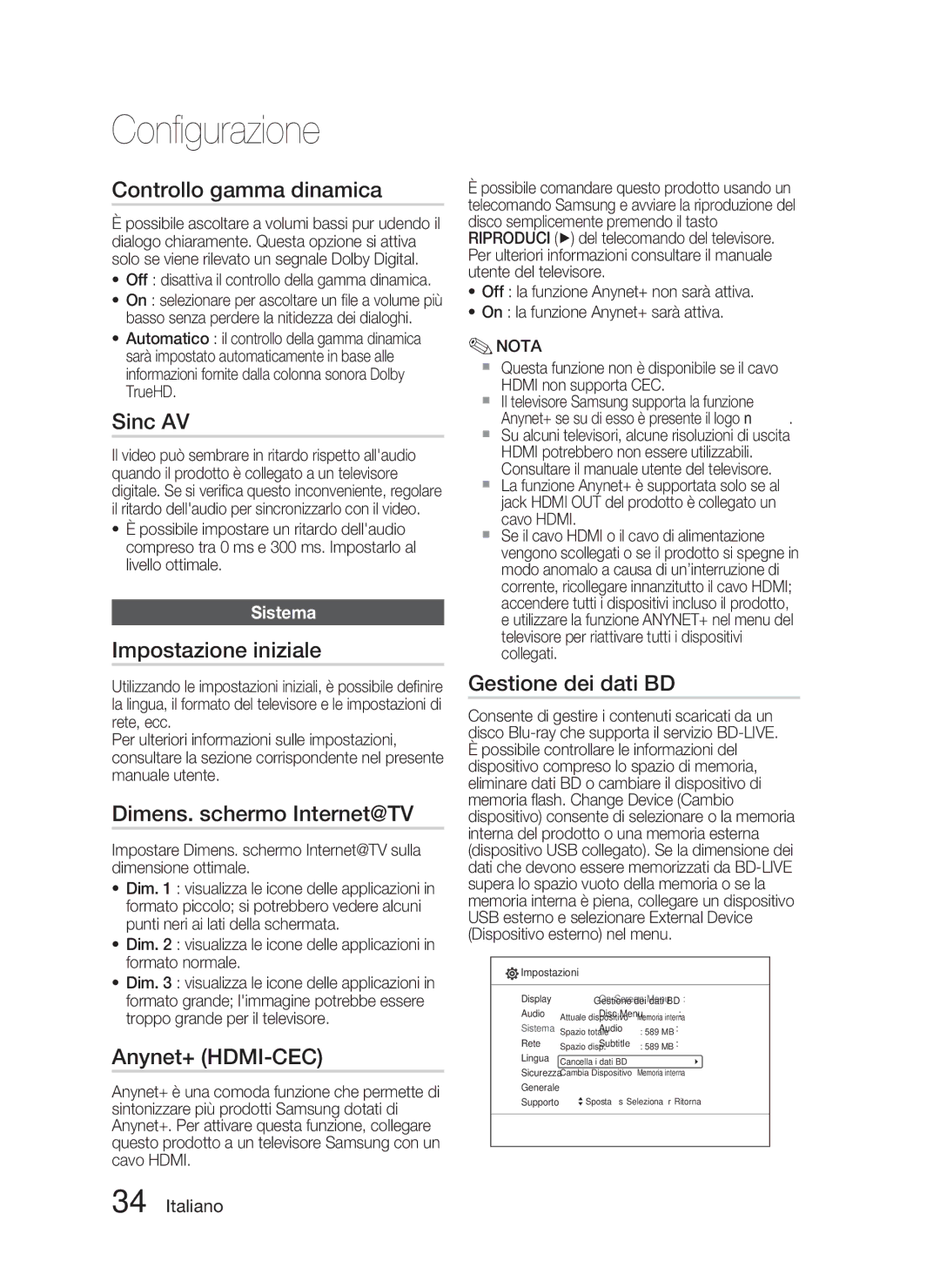 Samsung HT-C5800/XEF manual Controllo gamma dinamica, Sinc AV, Impostazione iniziale, Dimens. schermo Internet@TV 