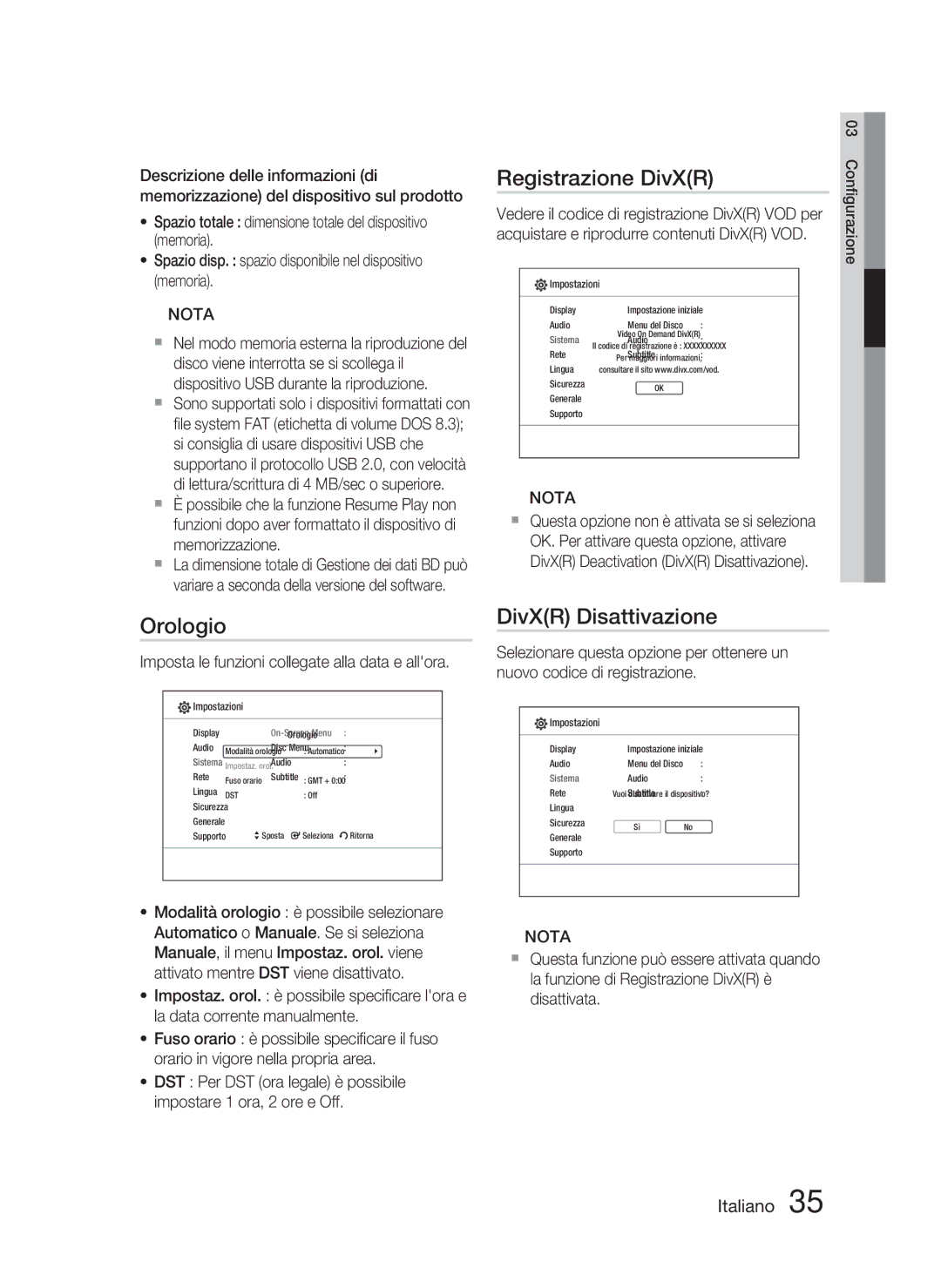 Samsung HT-C5800/XEF Registrazione DivXR, Orologio, DivXR Disattivazione, Imposta le funzioni collegate alla data e allora 