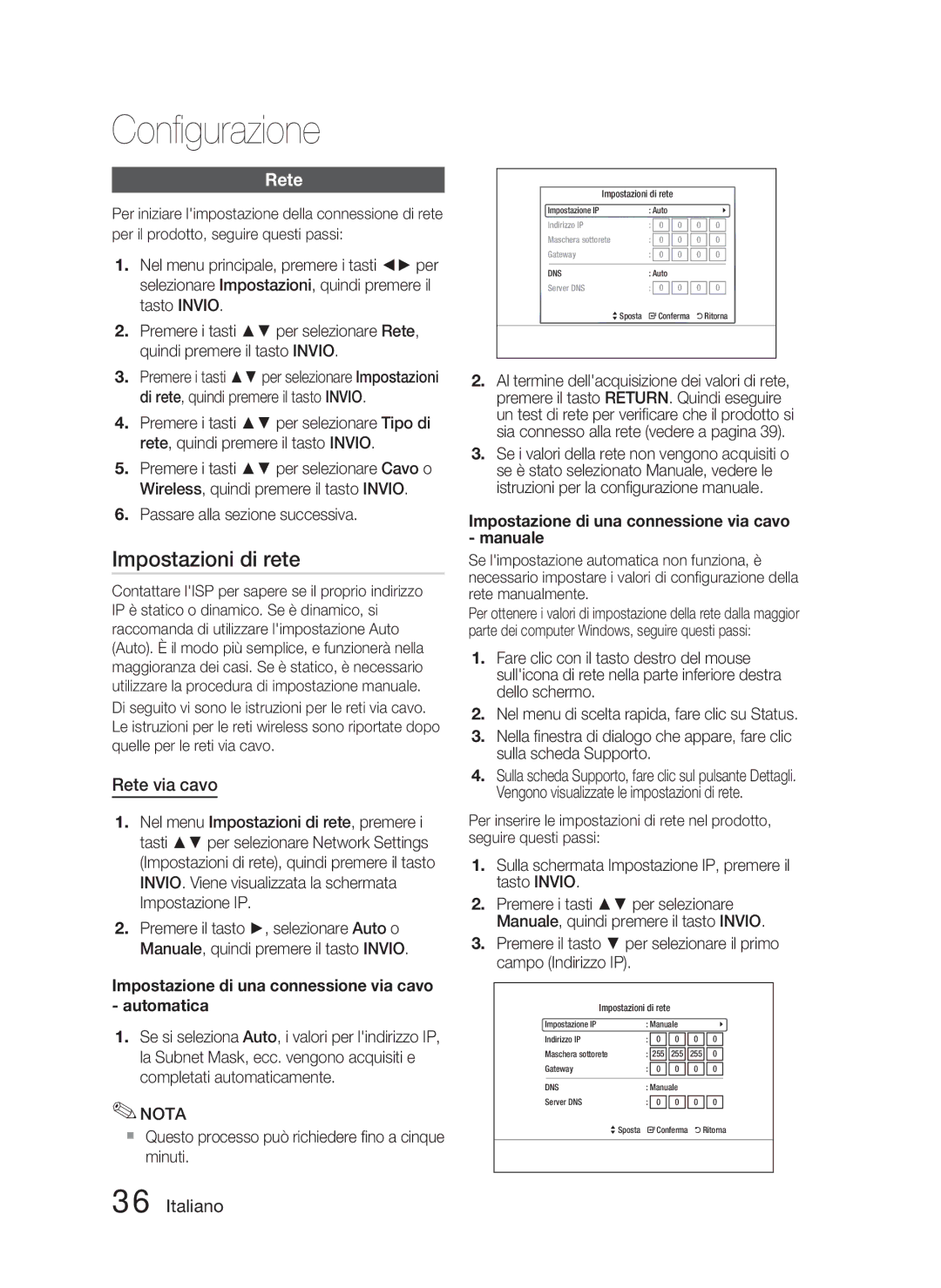 Samsung HT-C5800/XEF manual Impostazioni di rete, Rete via cavo, Impostazione di una connessione via cavo Automatica 