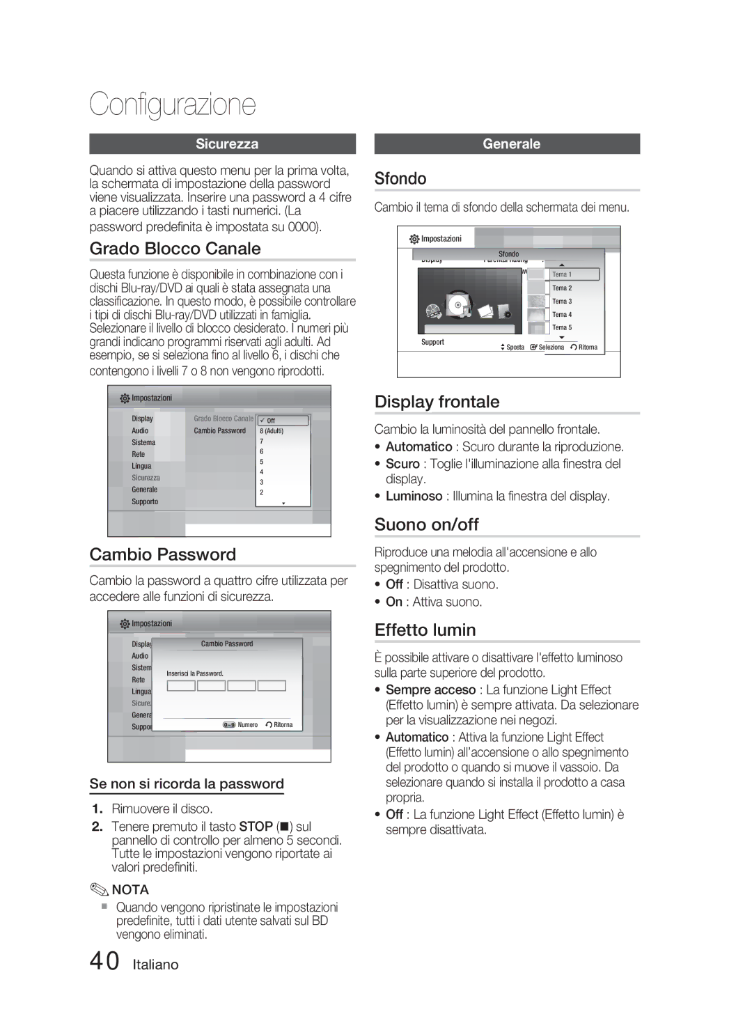 Samsung HT-C5800/XEF manual Grado Blocco Canale, Cambio Password, Sfondo, Display frontale, Suono on/off, Effetto lumin 