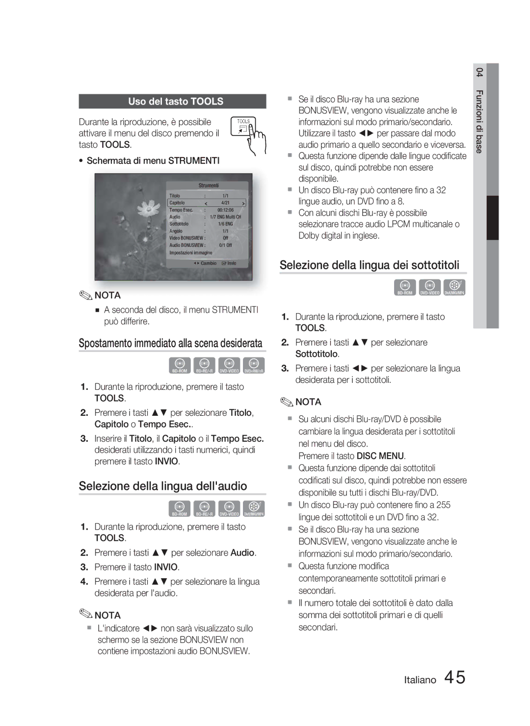 Samsung HT-C5800/XEF manual Selezione della lingua dellaudio, Selezione della lingua dei sottotitoli, Uso del tasto Tools 