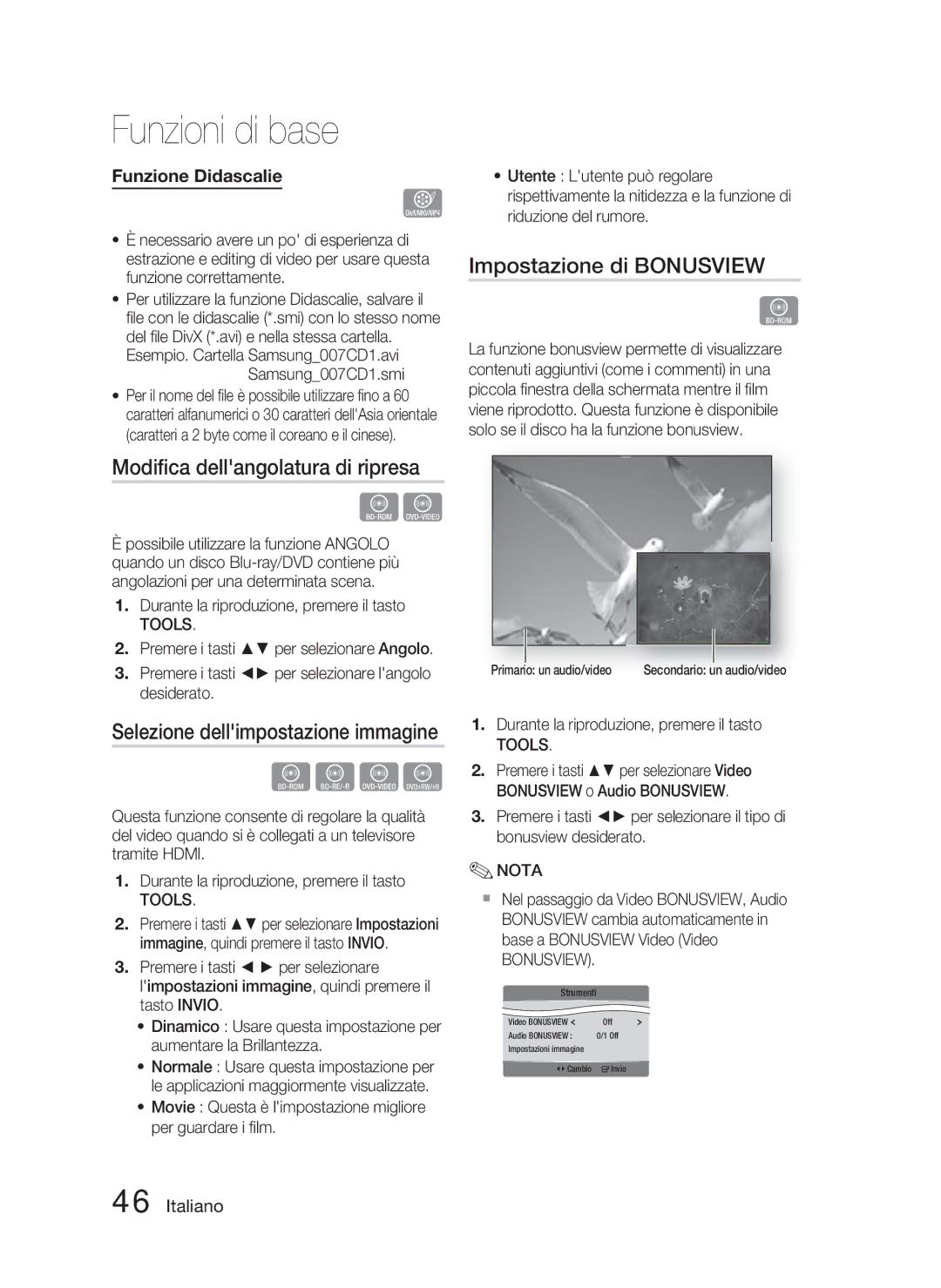 Samsung HT-C5800/XEF manual Impostazione di Bonusview, Modiﬁca dellangolatura di ripresa 