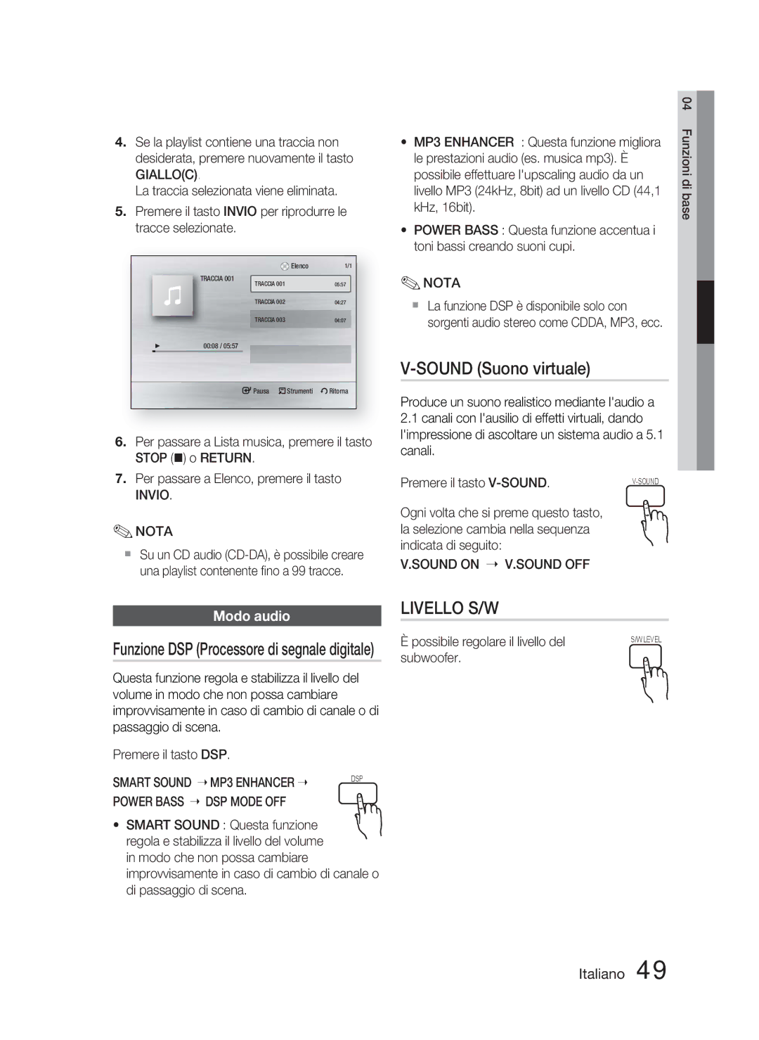 Samsung HT-C5800/XEF manual Sound Suono virtuale, Modo audio, Invio Nota, Smart Sound MP3 Enhancer, Power Bass DSP Mode OFF 