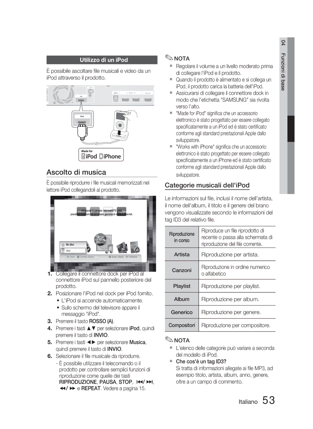 Samsung HT-C5800/XEF Ascolto di musica, Categorie musicali delliPod, Utilizzo di un iPod, Riproduzione, Pausa, Stop, #/ $ 