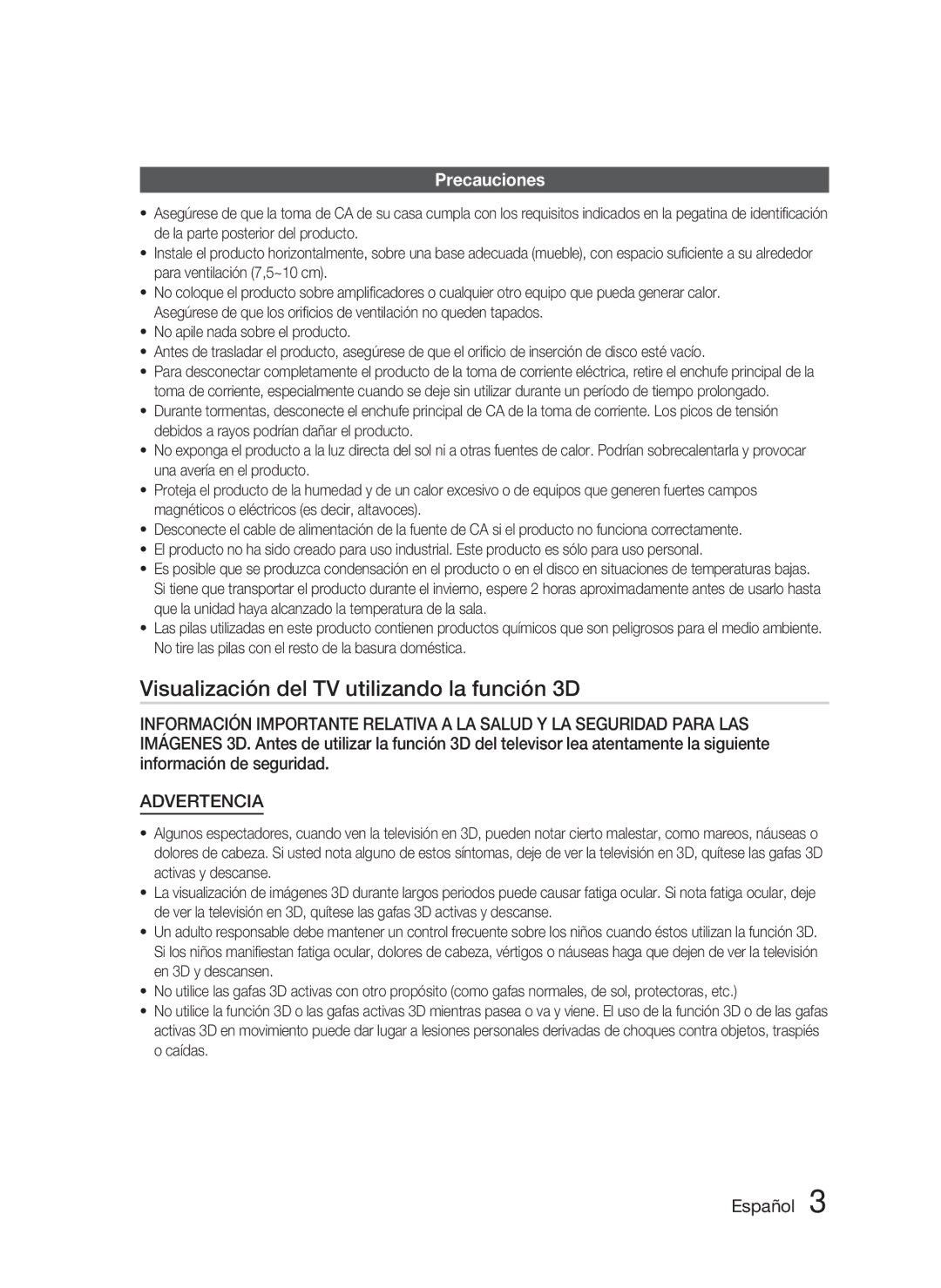 Samsung HT-C5800/XEF manual Visualización del TV utilizando la función 3D, Precauciones 