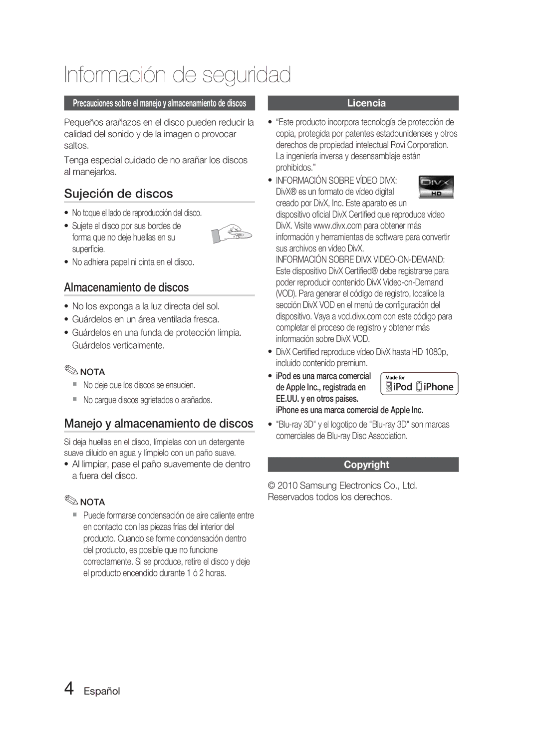 Samsung HT-C5800/XEF manual Sujeción de discos, Almacenamiento de discos, Manejo y almacenamiento de discos, Licencia 