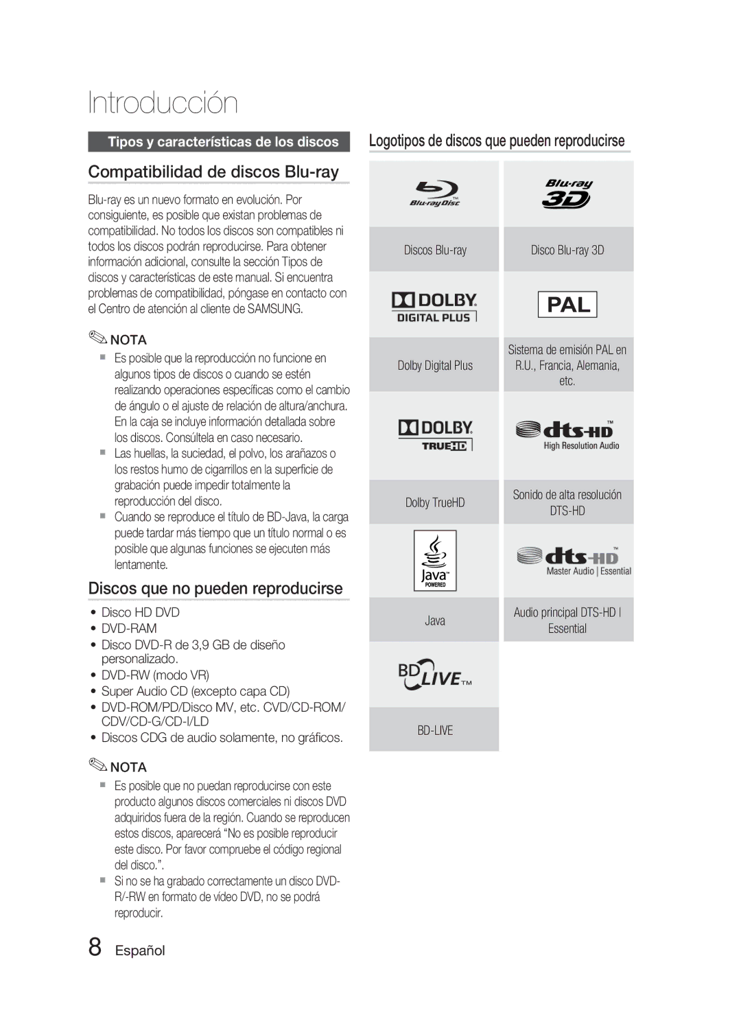 Samsung HT-C5800/XEF manual Compatibilidad de discos Blu-ray, Discos que no pueden reproducirse, Discos Blu-ray 