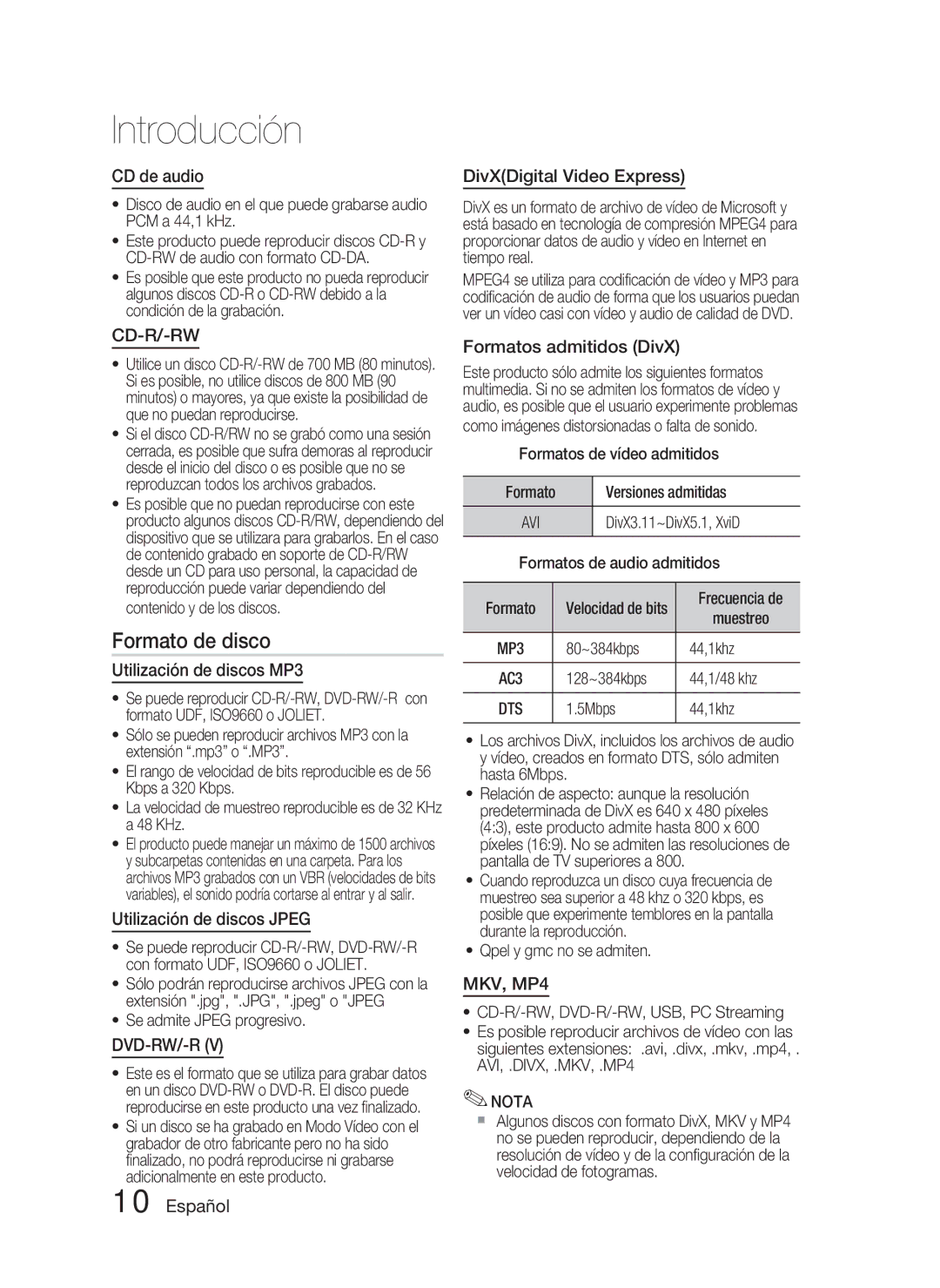 Samsung HT-C5800/XEF manual Formato de disco 