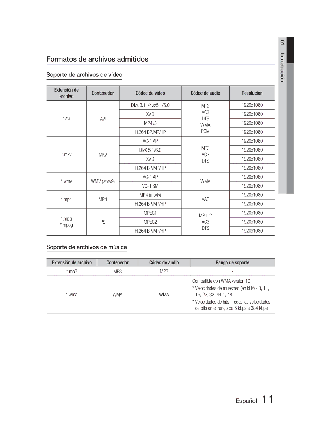 Samsung HT-C5800/XEF manual Formatos de archivos admitidos, Soporte de archivos de vídeo, Soporte de archivos de música 