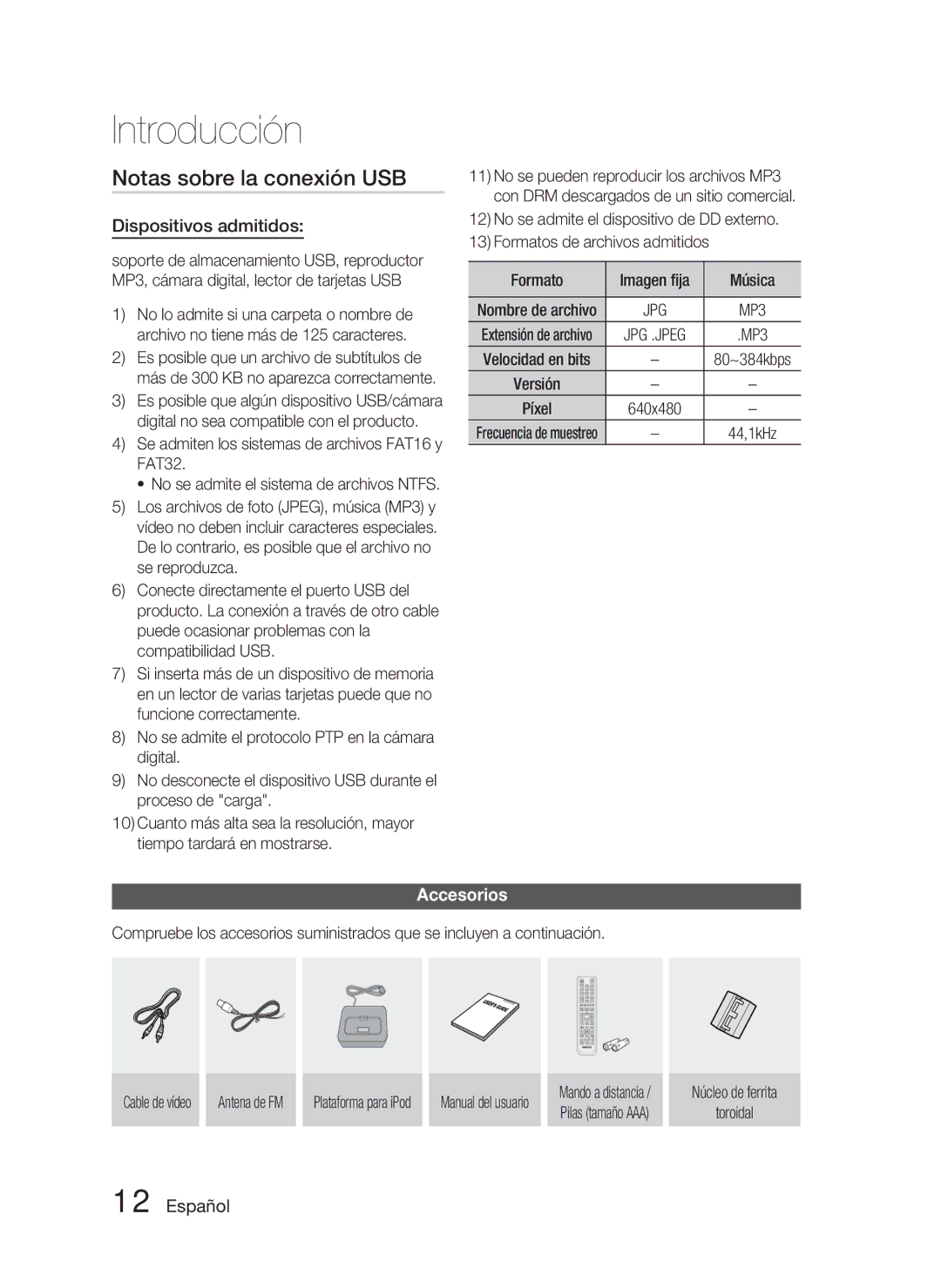 Samsung HT-C5800/XEF manual Notas sobre la conexión USB, Dispositivos admitidos, Accesorios, Núcleo de ferrita Toroidal 