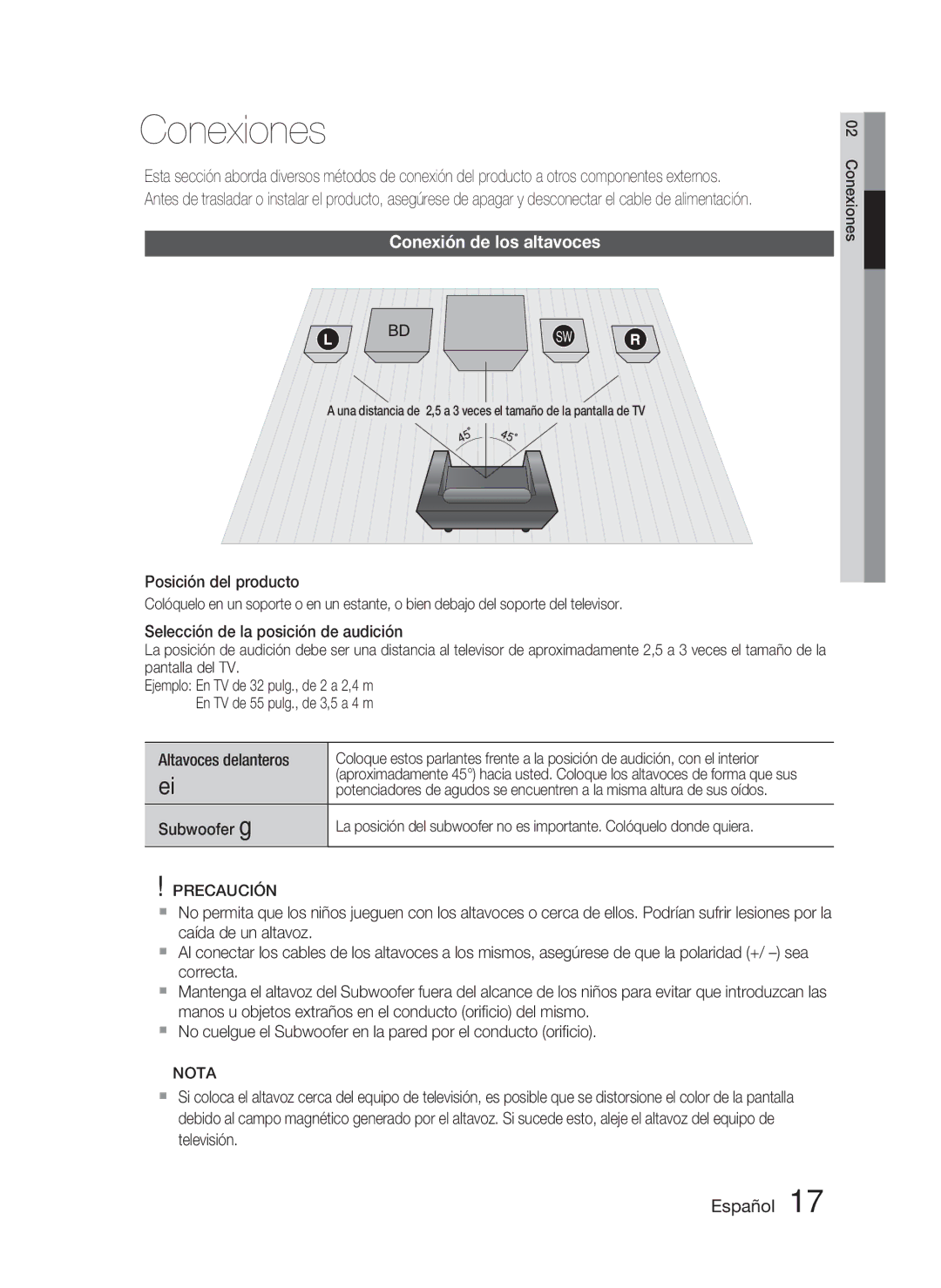 Samsung HT-C5800/XEF manual Conexiones, Conexión de los altavoces, Altavoces delanteros Subwoofer g 