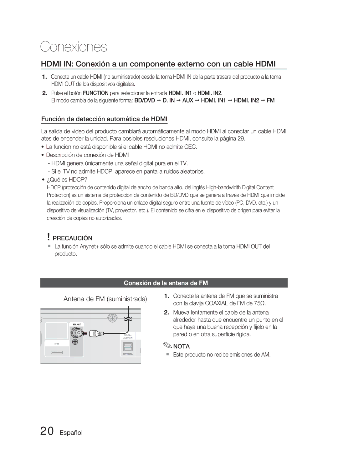 Samsung HT-C5800/XEF manual Hdmi in Conexión a un componente externo con un cable Hdmi, Antena de FM suministrada 