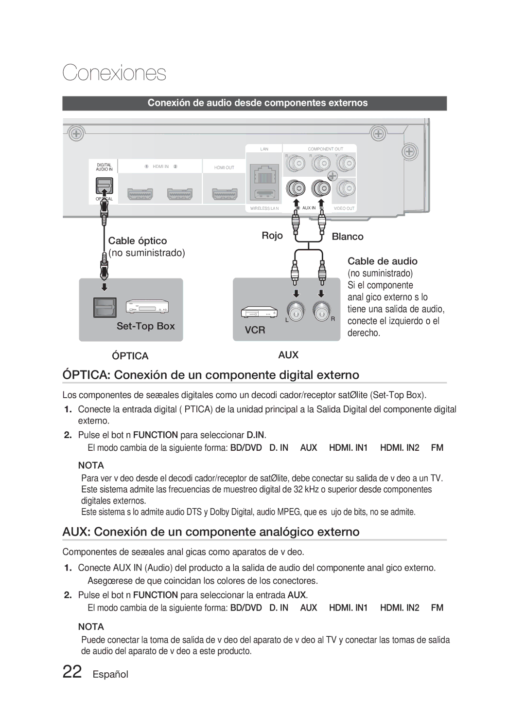 Samsung HT-C5800/XEF Óptica Conexión de un componente digital externo, AUX Conexión de un componente analógico externo 