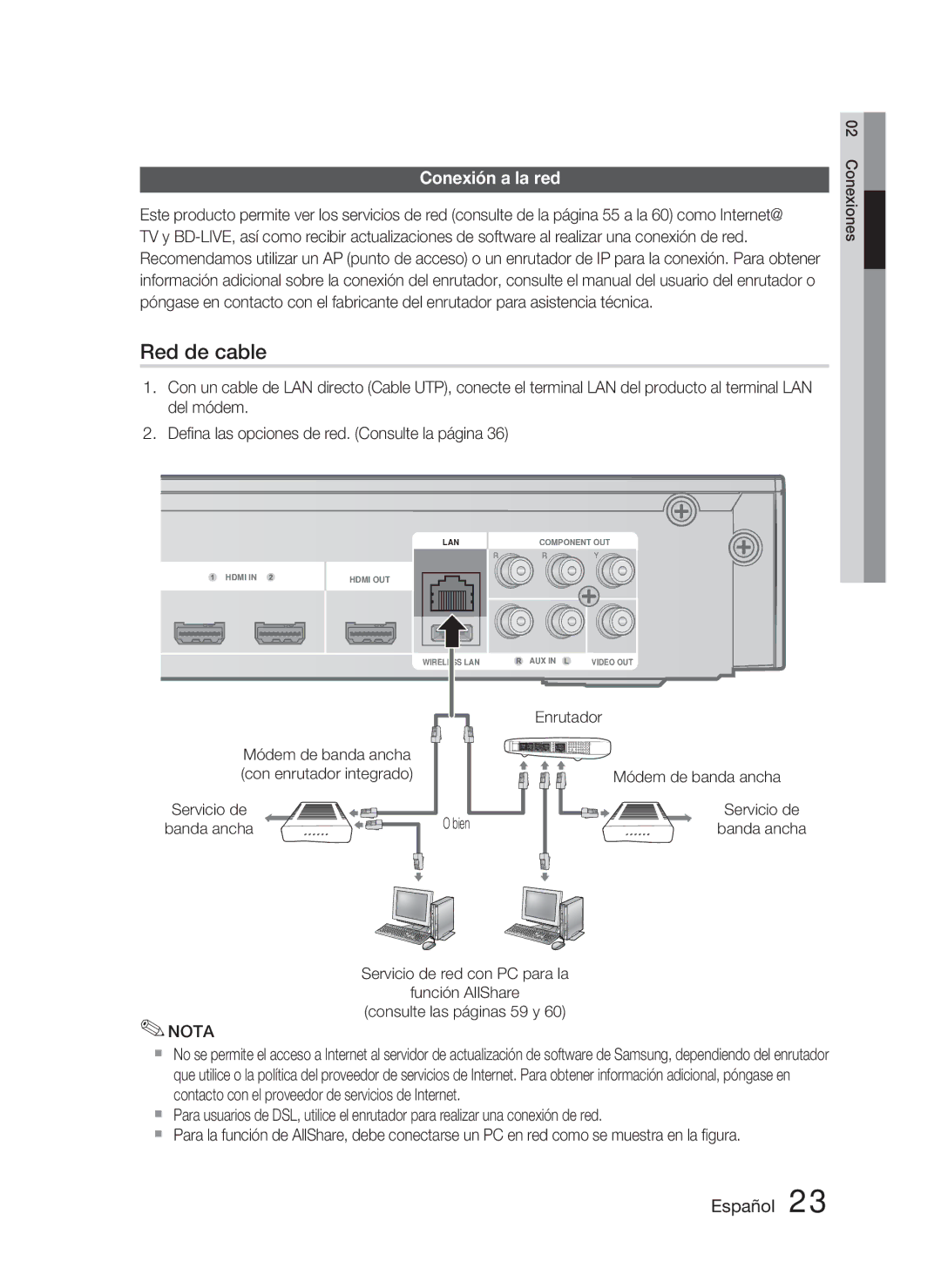 Samsung HT-C5800/XEF manual Conexión a la red, Servicio de, Banda ancha 