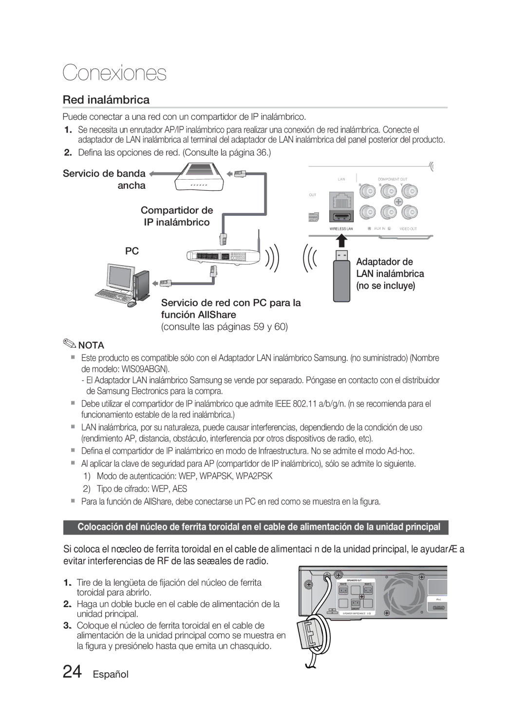 Samsung HT-C5800/XEF manual Servicio de banda, Ancha, Compartidor de IP inalámbrico, Adaptador de, No se incluye 