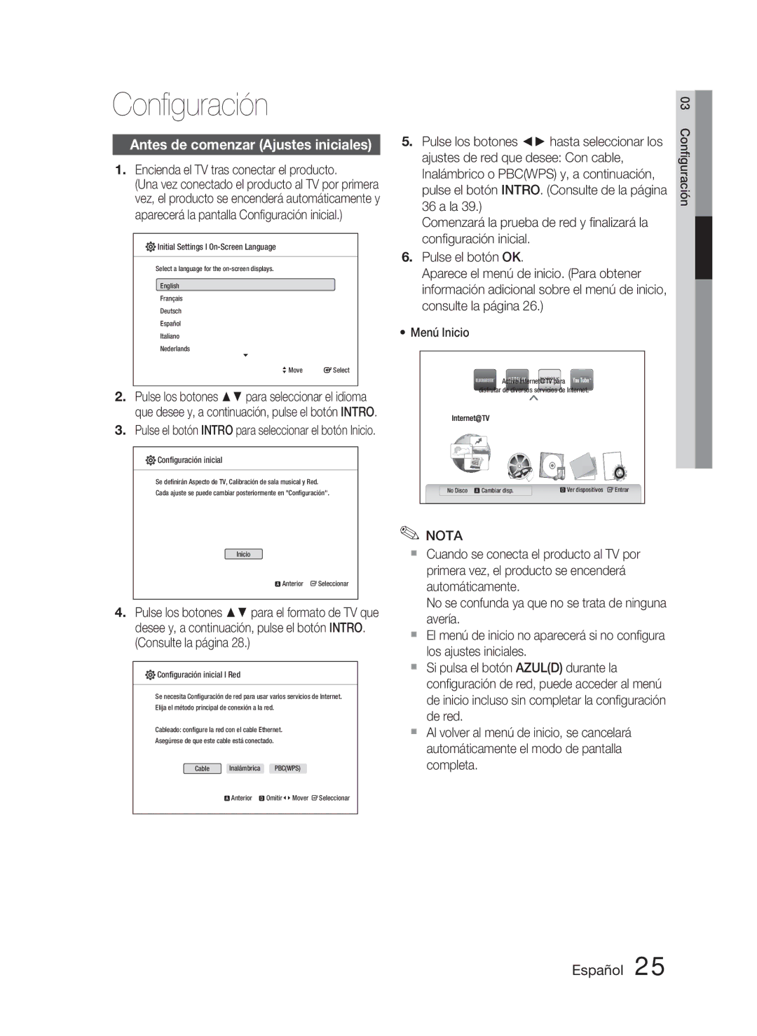 Samsung HT-C5800/XEF manual Conﬁguración, Antes de comenzar Ajustes iniciales, Encienda el TV tras conectar el producto 