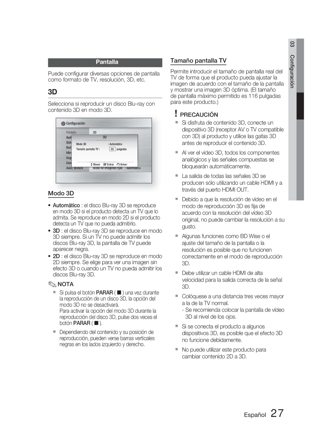 Samsung HT-C5800/XEF manual Pantalla, Modo 3D, Tamaño pantalla TV 