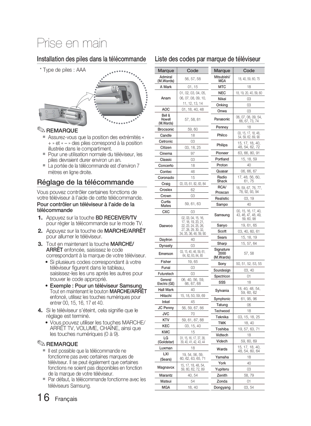 Samsung HT-C5800/XEF manual Liste des codes par marque de téléviseur, Réglage de la télécommande, Type de piles AAA 