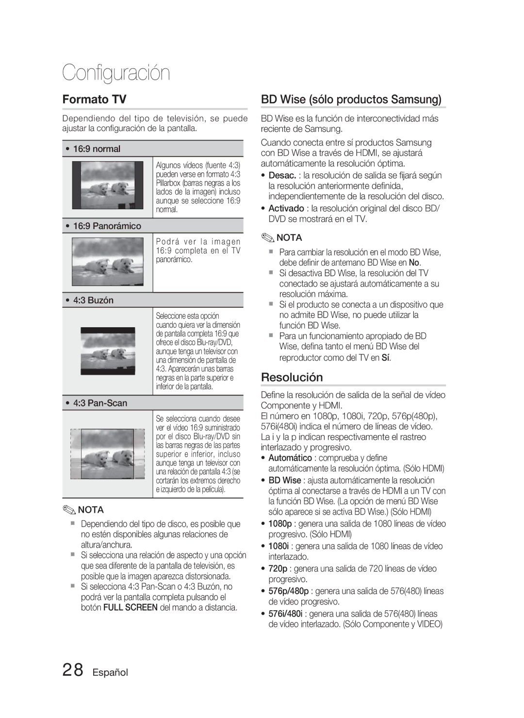 Samsung HT-C5800/XEF manual BD Wise sólo productos Samsung, Resolución 