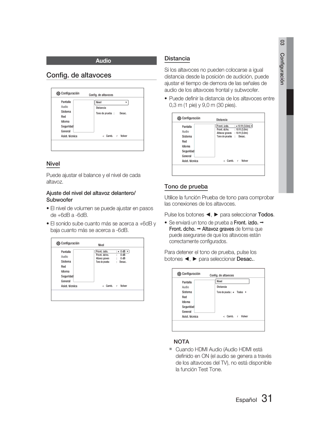 Samsung HT-C5800/XEF manual Conﬁg. de altavoces, Nivel, Distancia, Tono de prueba 