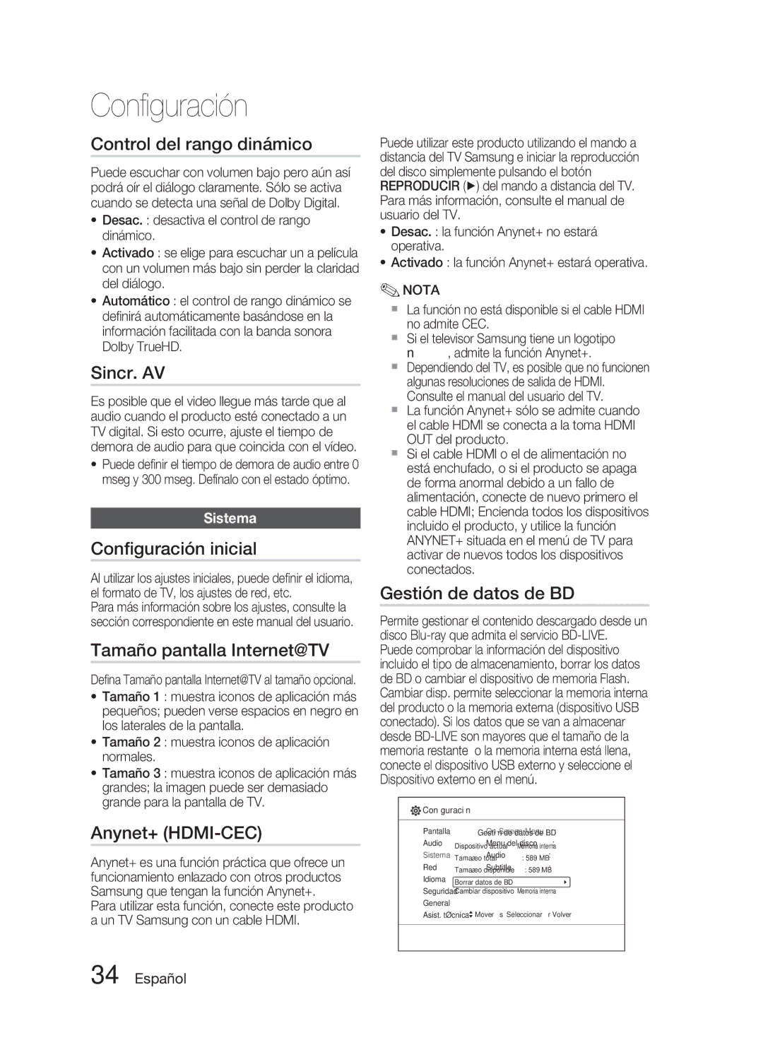 Samsung HT-C5800/XEF manual Control del rango dinámico, Sincr. AV, Conﬁguración inicial, Tamaño pantalla Internet@TV 