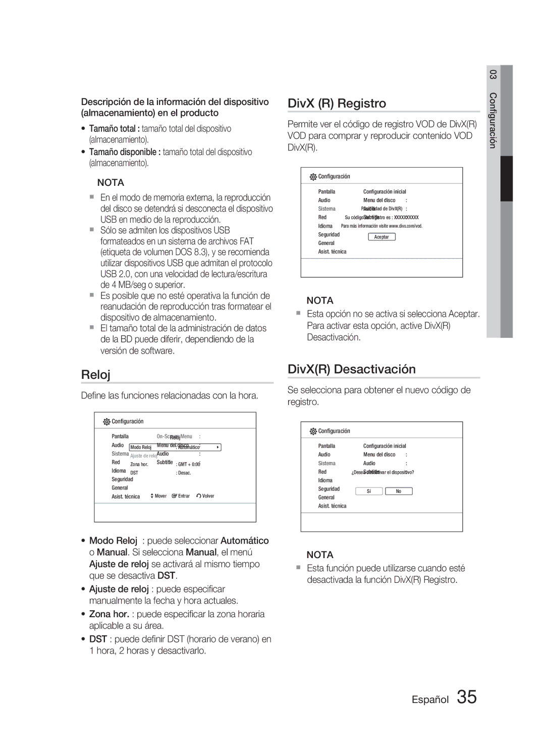 Samsung HT-C5800/XEF manual DivX R Registro, Reloj, DivXR Desactivación 