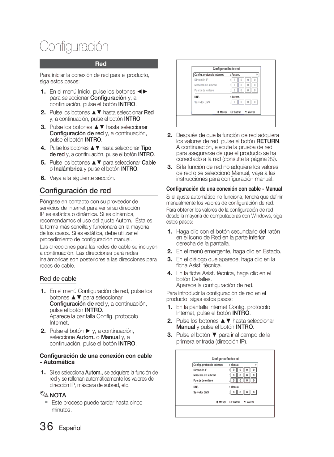 Samsung HT-C5800/XEF manual Conﬁguración de red, Red de cable, Conﬁguración de una conexión con cable Automática 