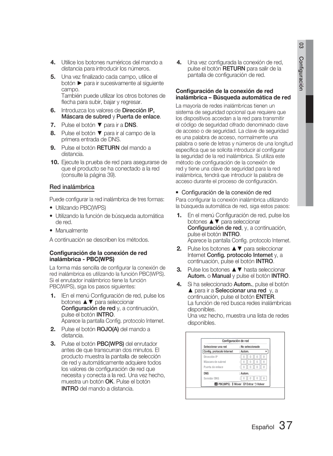 Samsung HT-C5800/XEF manual Red inalámbrica, Conﬁguración de la conexión de red inalámbrica Pbcwps 