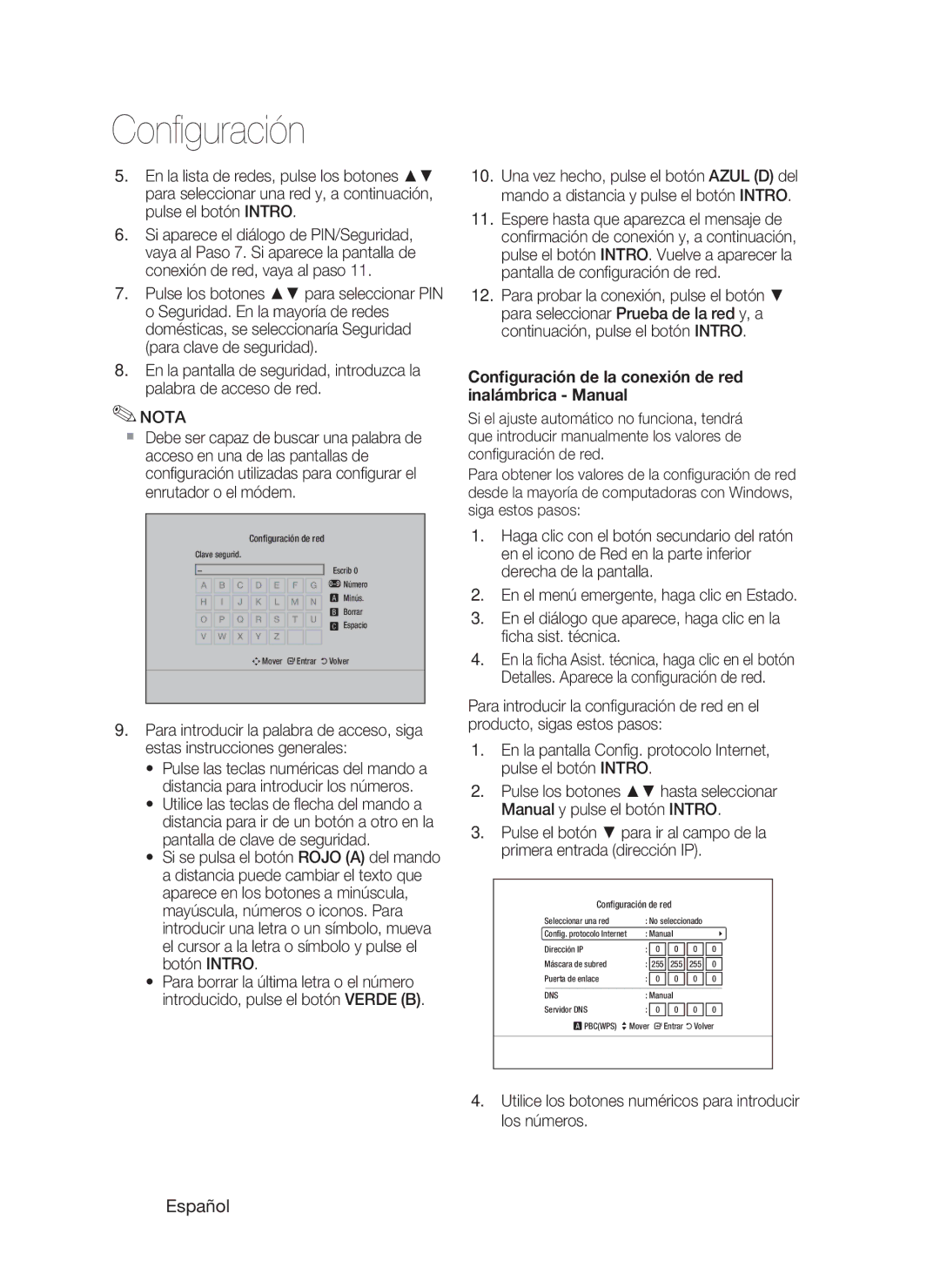 Samsung HT-C5800/XEF manual Conﬁguración de la conexión de red inalámbrica Manual 