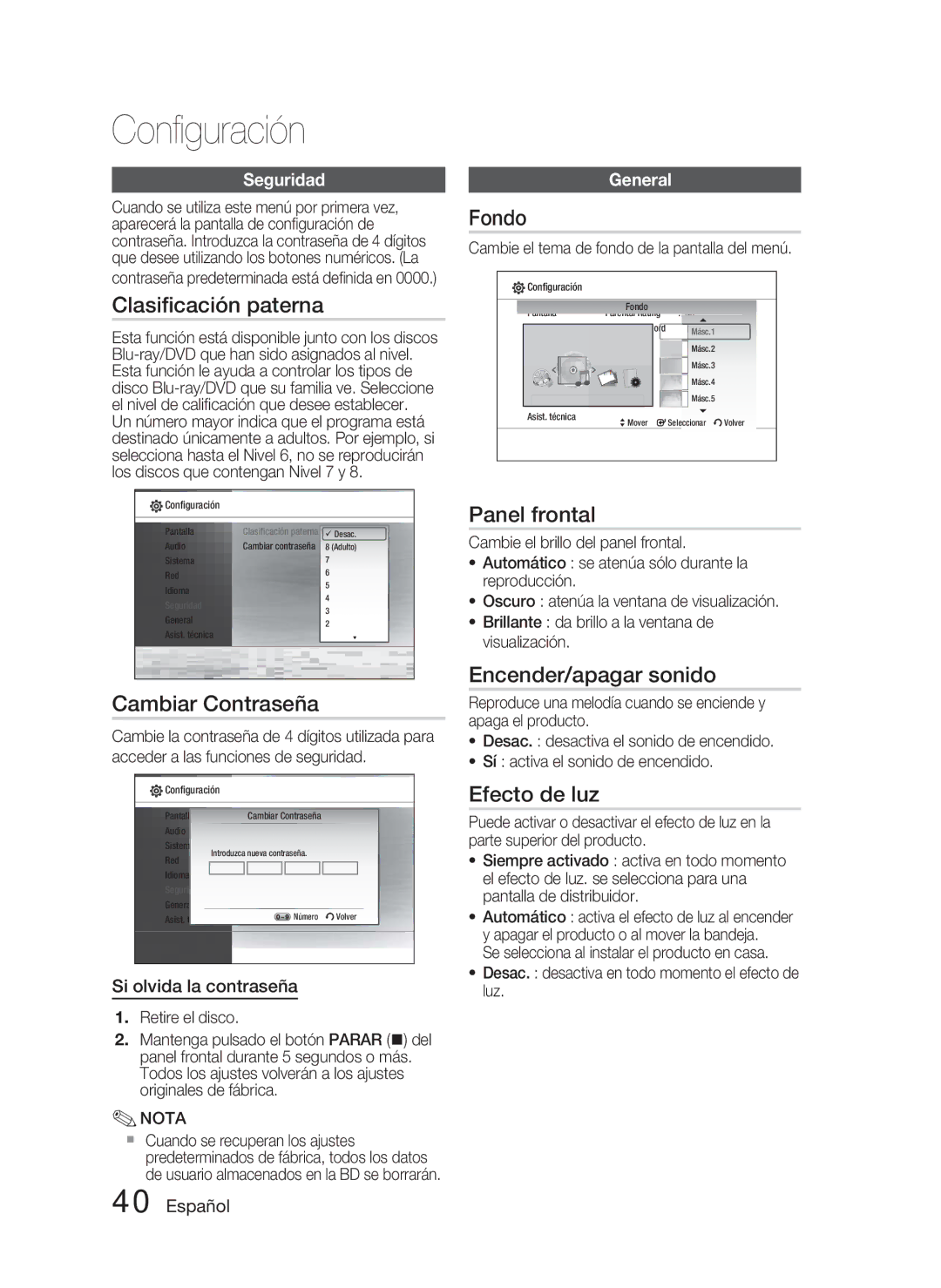 Samsung HT-C5800/XEF manual Clasiﬁcación paterna, Cambiar Contraseña, Fondo, Encender/apagar sonido, Efecto de luz 