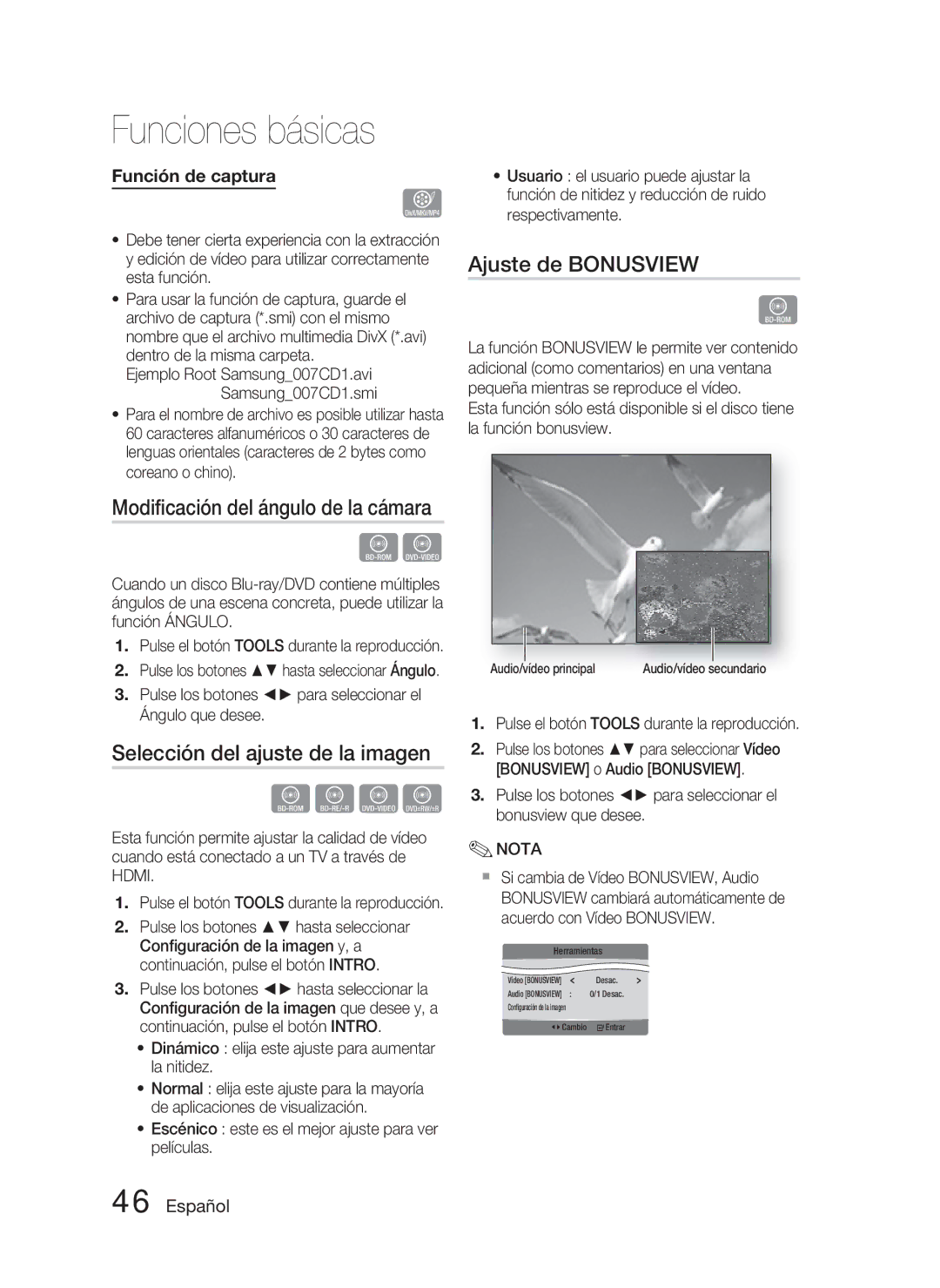 Samsung HT-C5800/XEF manual Modiﬁcación del ángulo de la cámara, Selección del ajuste de la imagen, Ajuste de Bonusview 