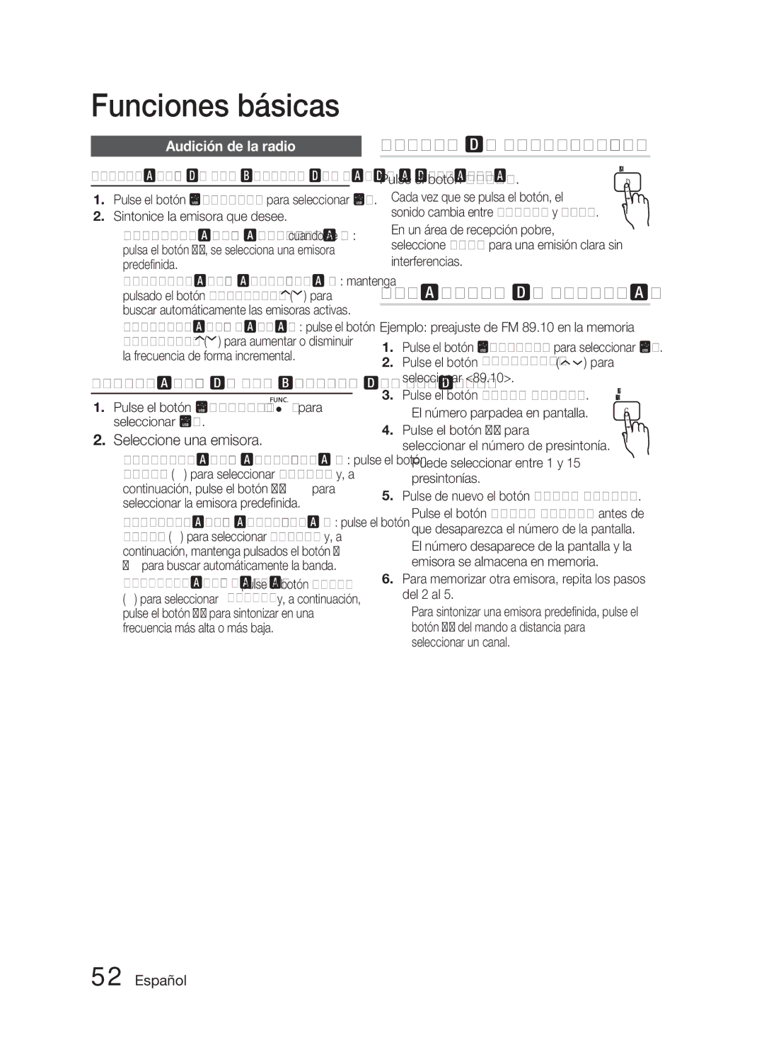 Samsung HT-C5800/XEF manual Ajuste de Mono/Estéreo, Preajuste de emisoras, Seleccione una emisora, Audición de la radio 