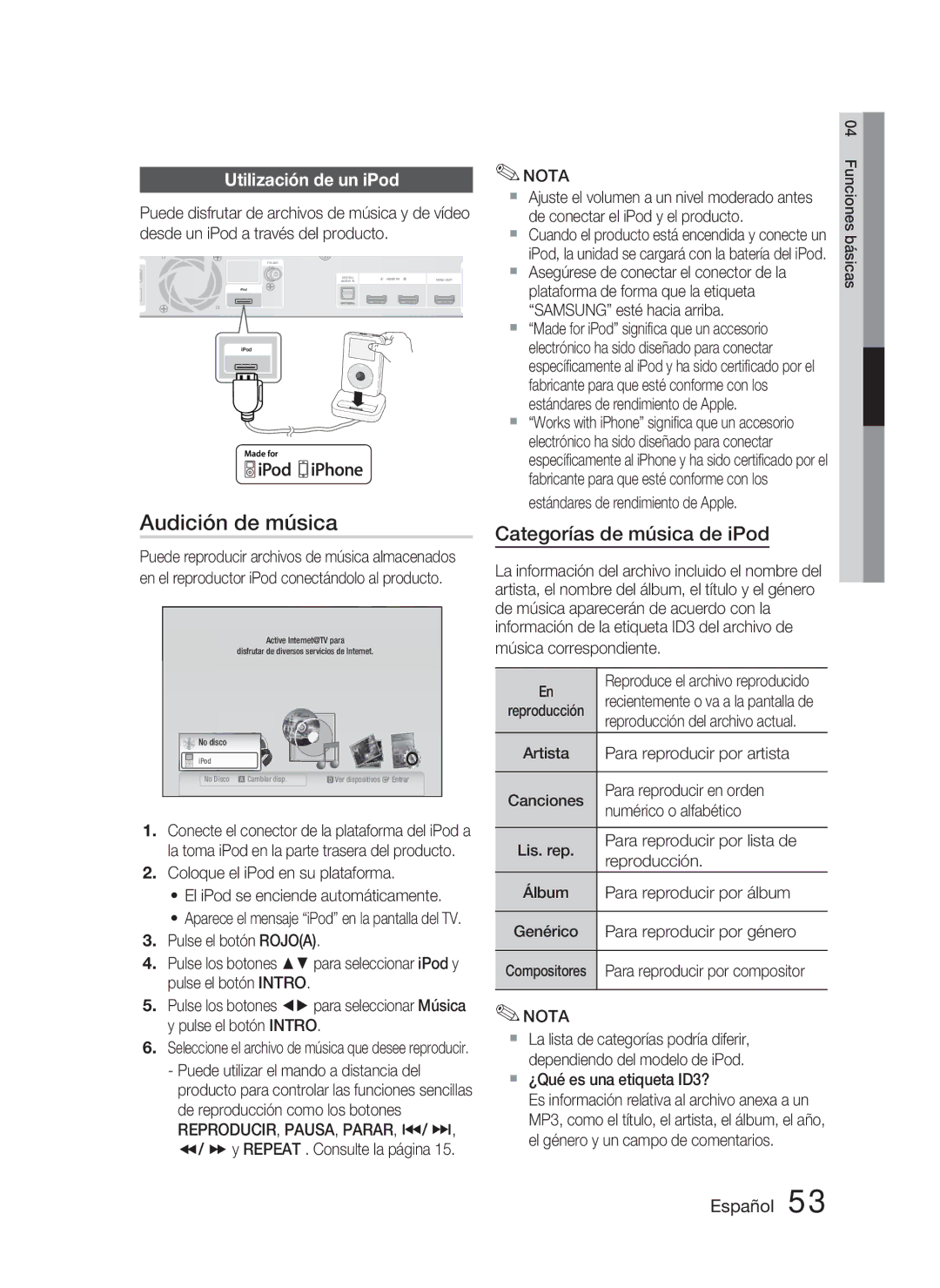 Samsung HT-C5800/XEF manual Audición de música, Categorías de música de iPod, Utilización de un iPod 