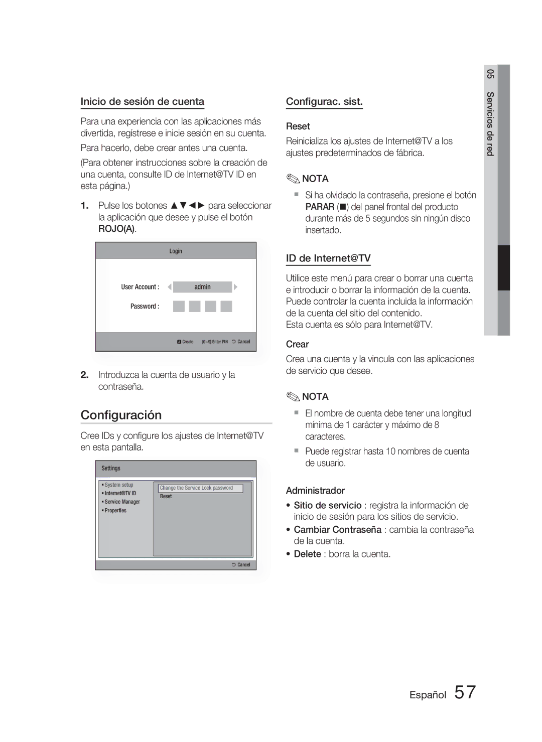 Samsung HT-C5800/XEF manual Conﬁguración, Inicio de sesión de cuenta, Conﬁgurac. sist, ID de Internet@TV 