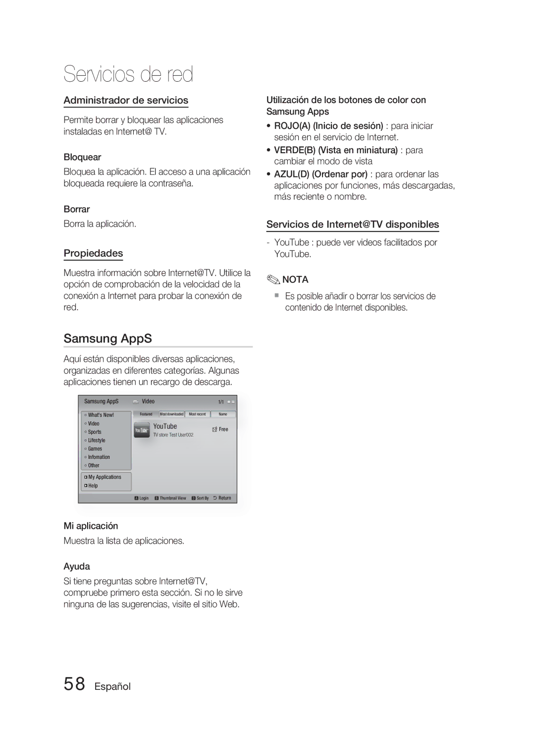 Samsung HT-C5800/XEF manual Administrador de servicios, Propiedades, Servicios de Internet@TV disponibles 