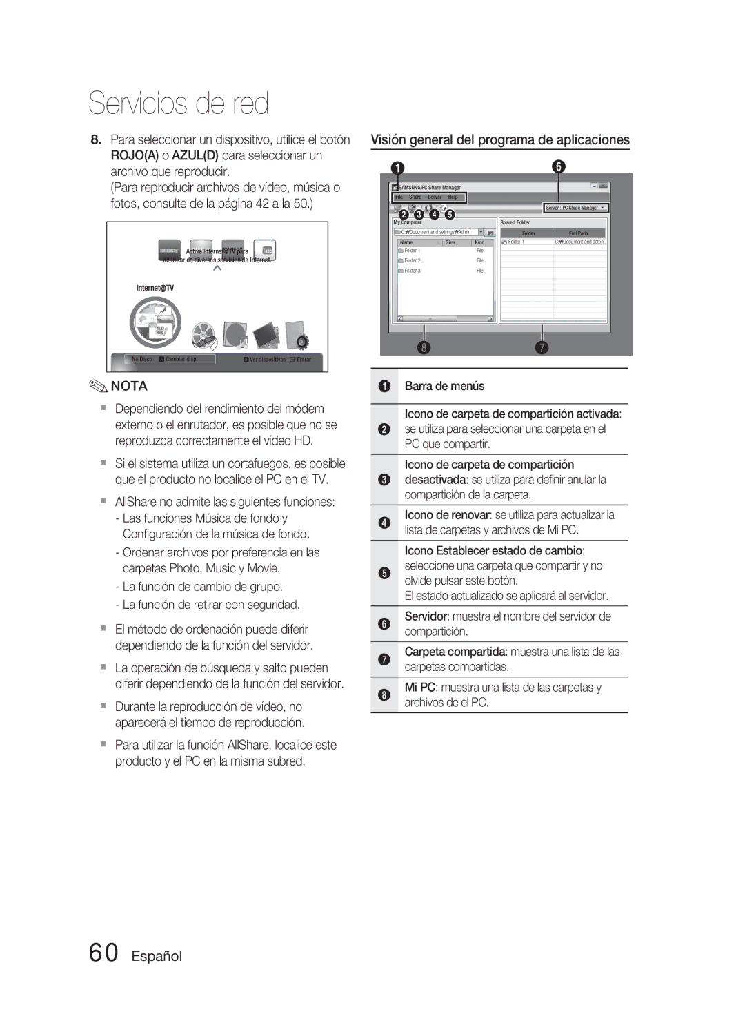 Samsung HT-C5800/XEF manual Visión general del programa de aplicaciones,  AllShare no admite las siguientes funciones 