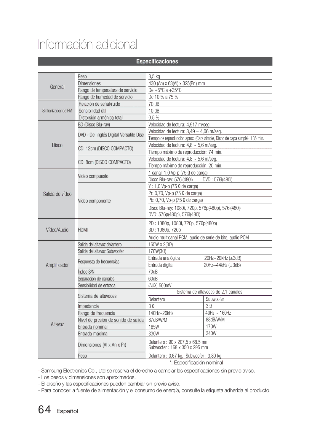 Samsung HT-C5800/XEF manual Especiﬁcaciones 