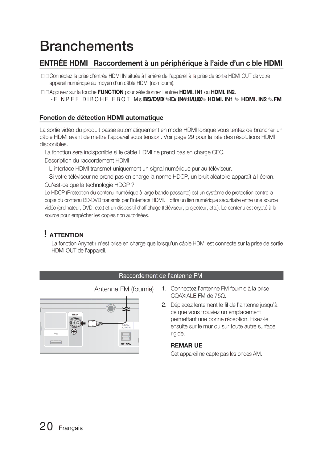 Samsung HT-C5800/XEF Antenne FM fournie, Fonction de détection Hdmi automatique, Raccordement de lantenne FM, HDMI. IN2 FM 