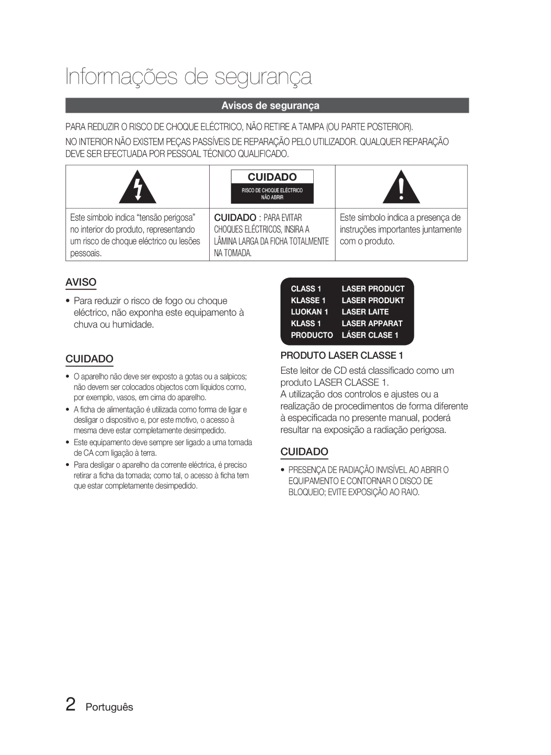 Samsung HT-C5800/XEF manual Informações de segurança, Avisos de segurança, Português 