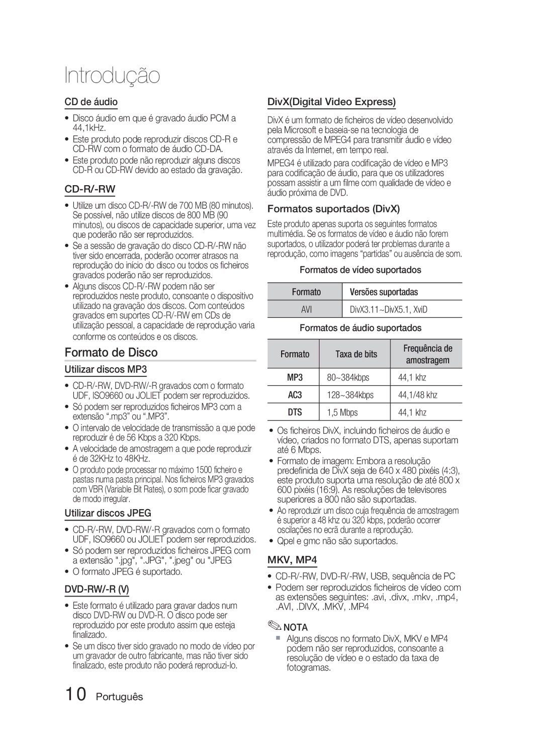 Samsung HT-C5800/XEF manual CD de áudio, Utilizar discos MP3, Utilizar discos Jpeg, Formatos suportados DivX 