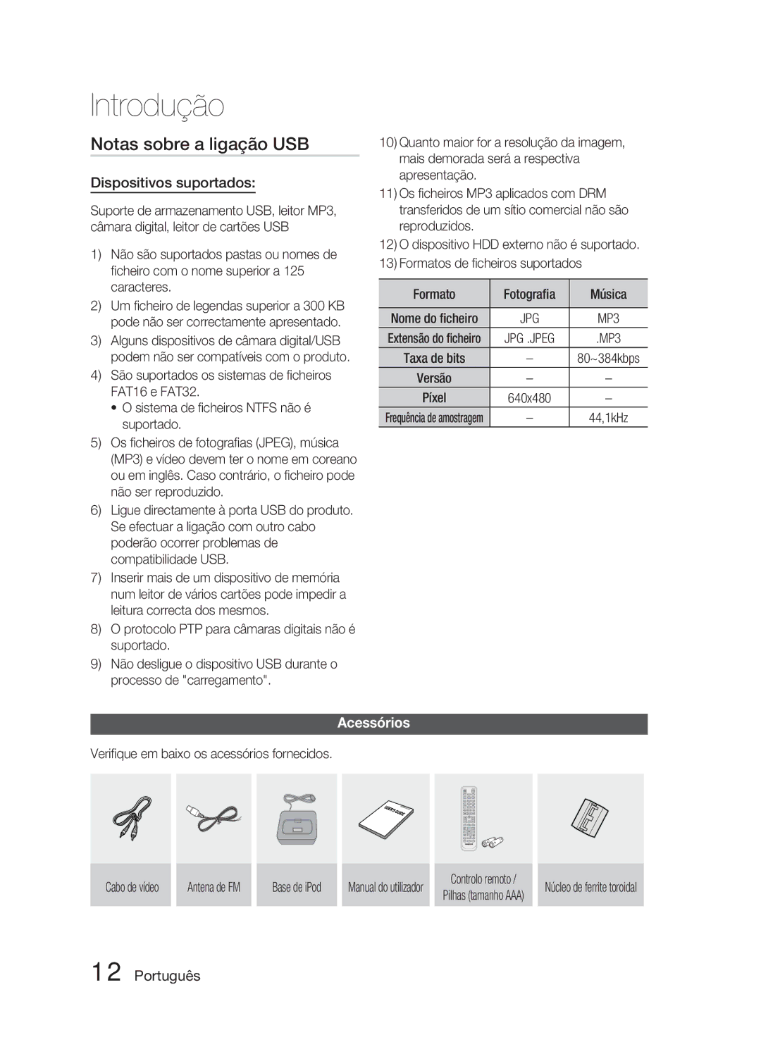 Samsung HT-C5800/XEF manual Notas sobre a ligação USB, Dispositivos suportados, Acessórios, Núcleo de ferrite toroidal 